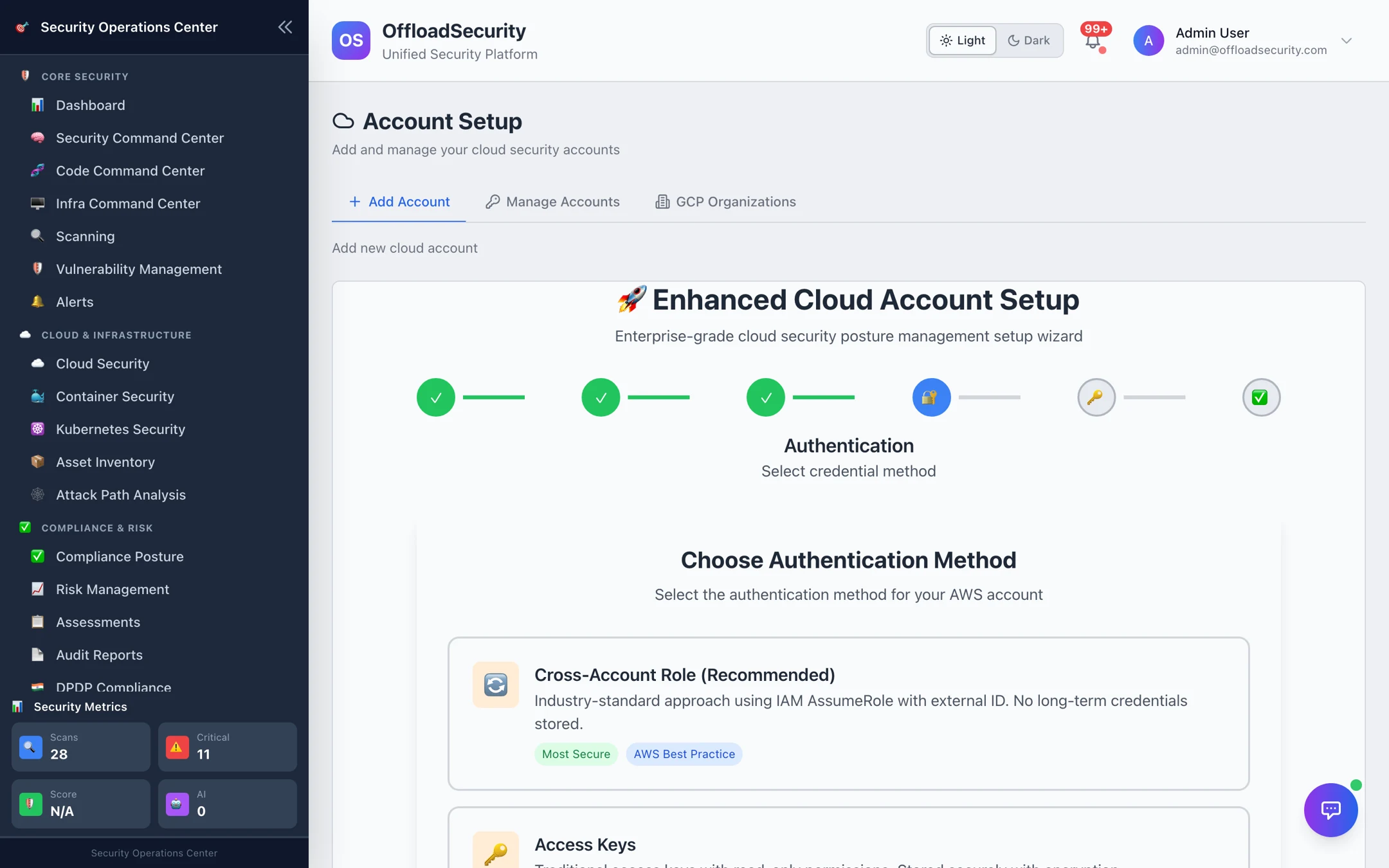 Authentication step — Cross-Account Role (Recommended) and Access Keys options for AWS