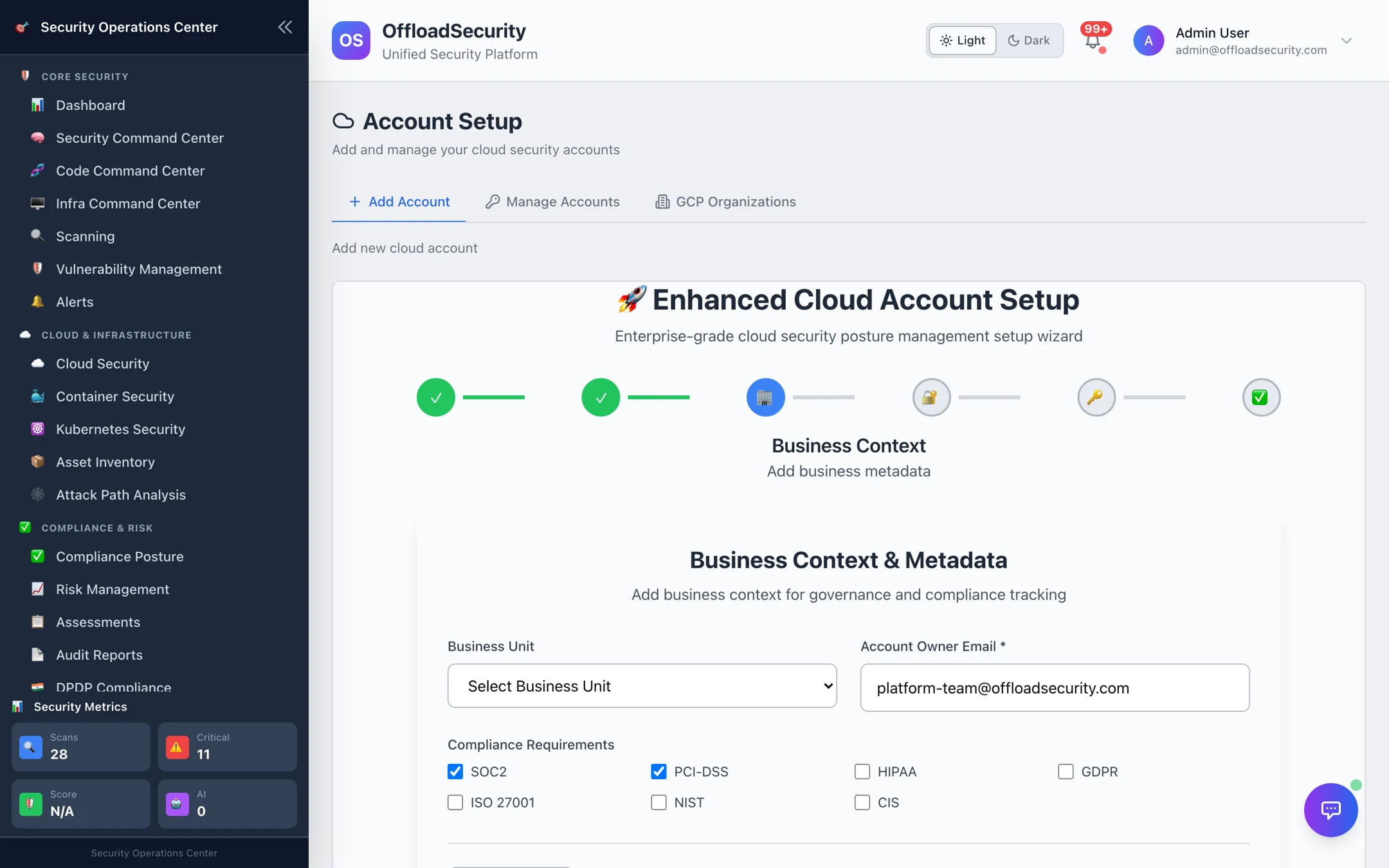 Business context step — business unit, owner email and compliance requirement checkboxes