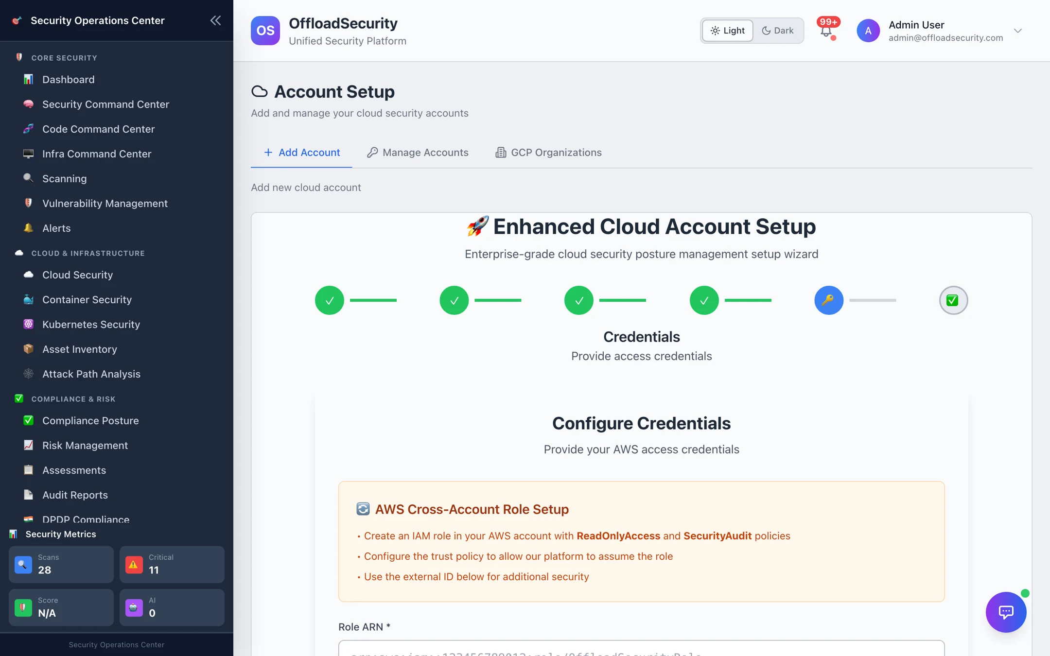 Credentials step — AWS cross-account role setup summary with Role ARN and External ID fields