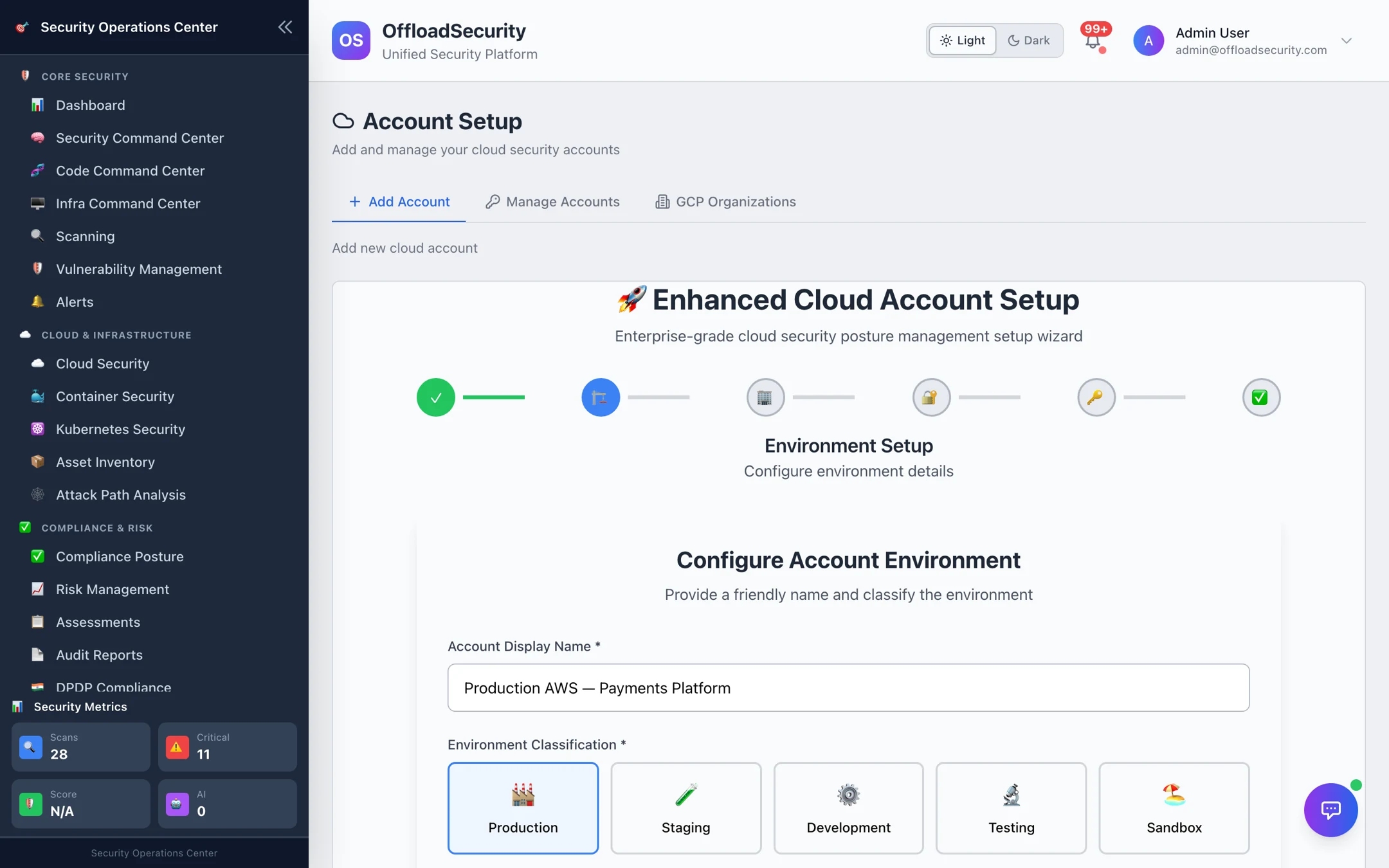 Environment step — display name, environment classification, AWS account ID and region picker