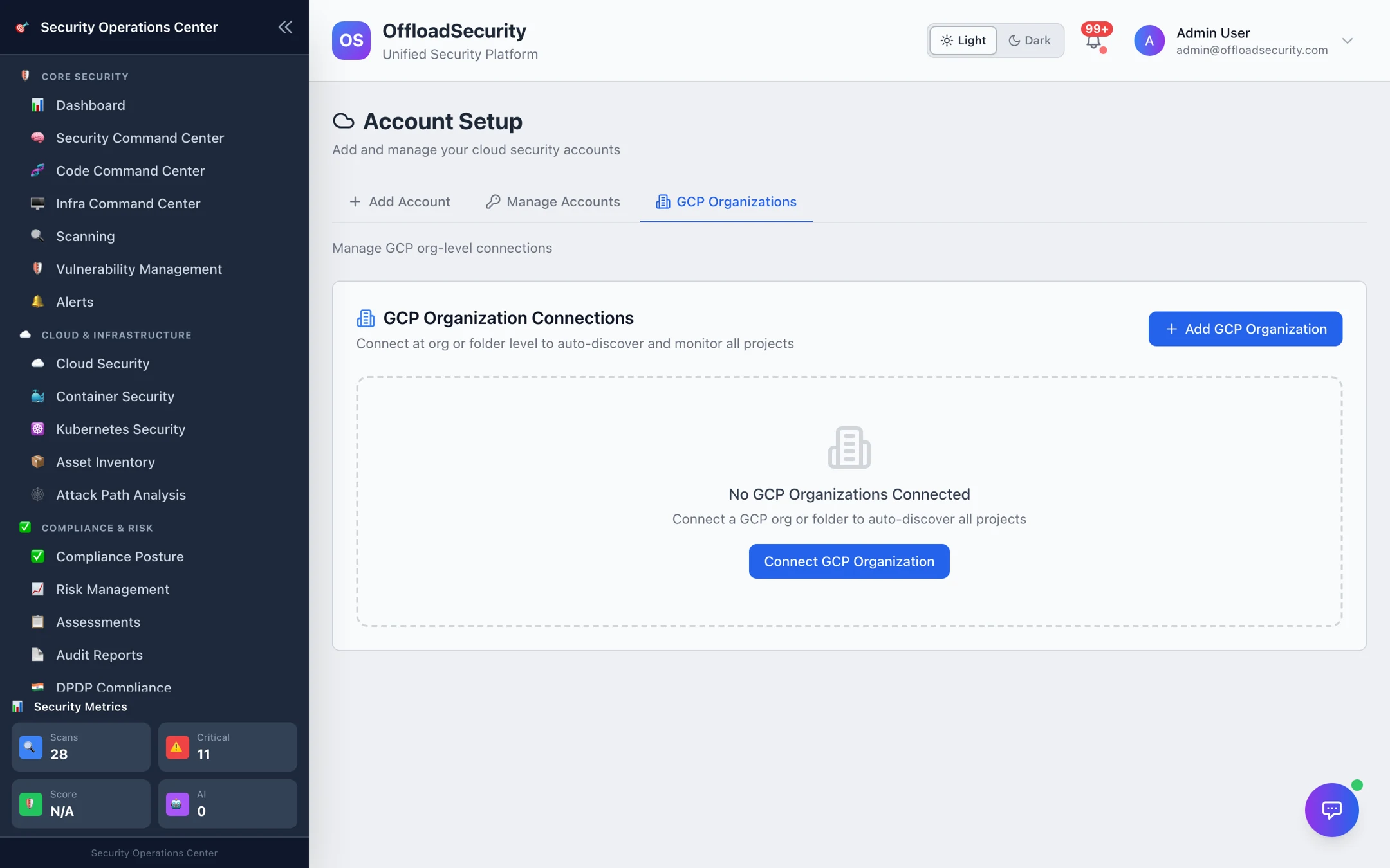 GCP Organizations tab — connect an org or folder to auto-discover all projects