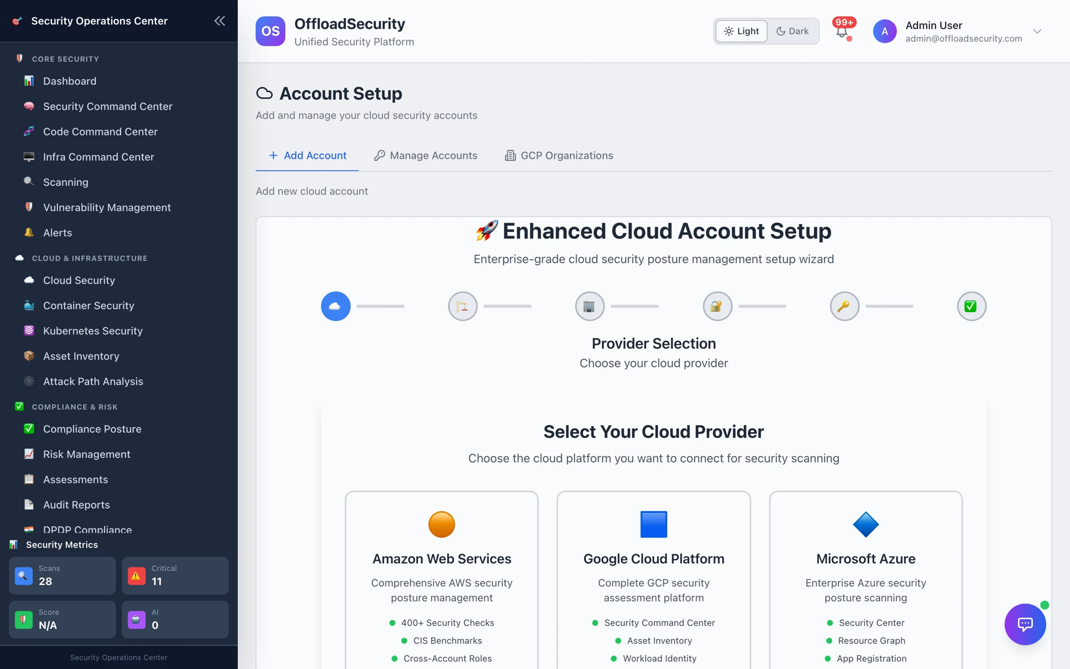 Account Setup wizard — provider selection with AWS, GCP and Azure cards