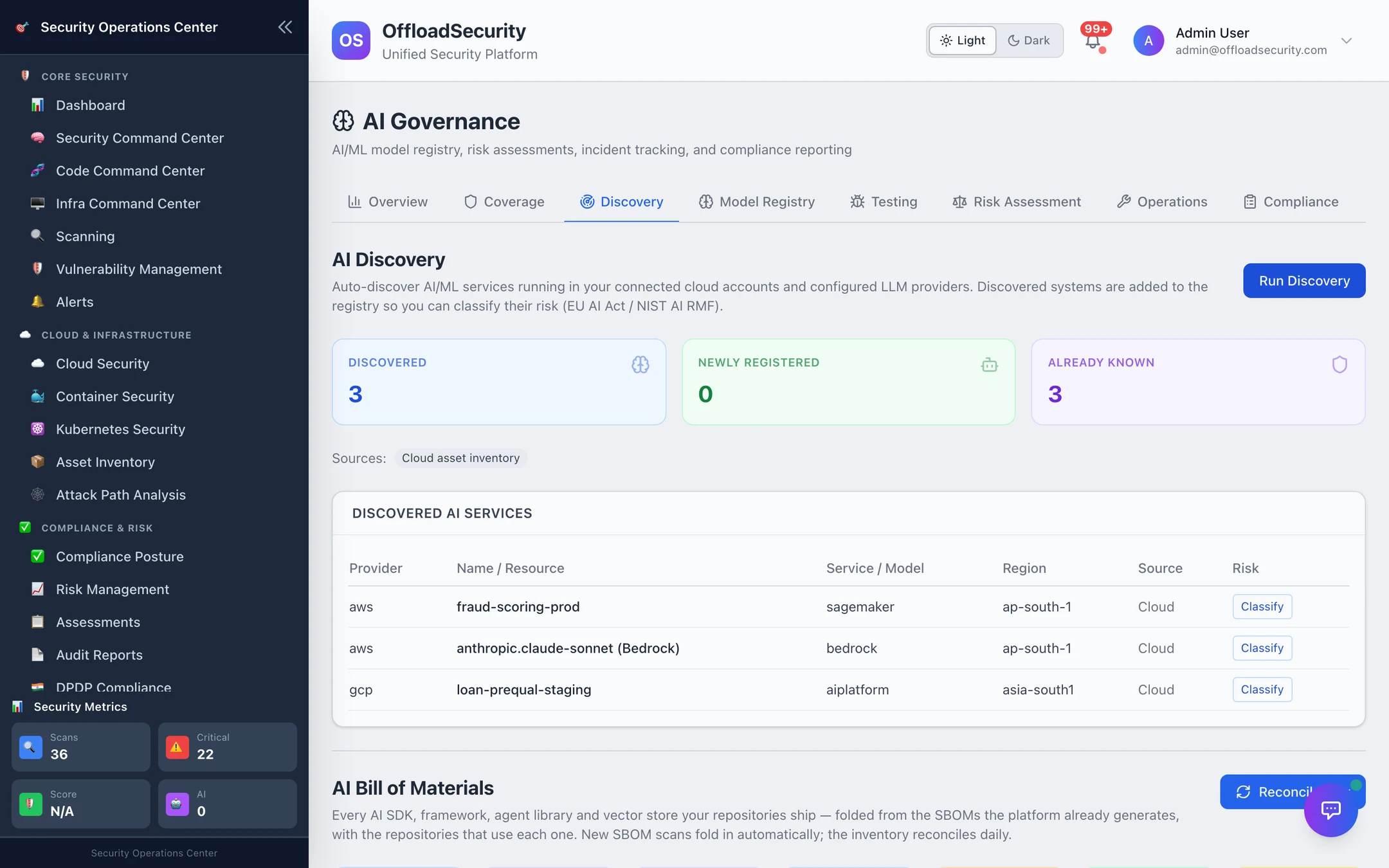 AI Discovery: discovered 3, newly registered 0, already known 3; discovered AI services table — SageMaker endpoint, Bedrock model access, Vertex AI endpoint — with Classify