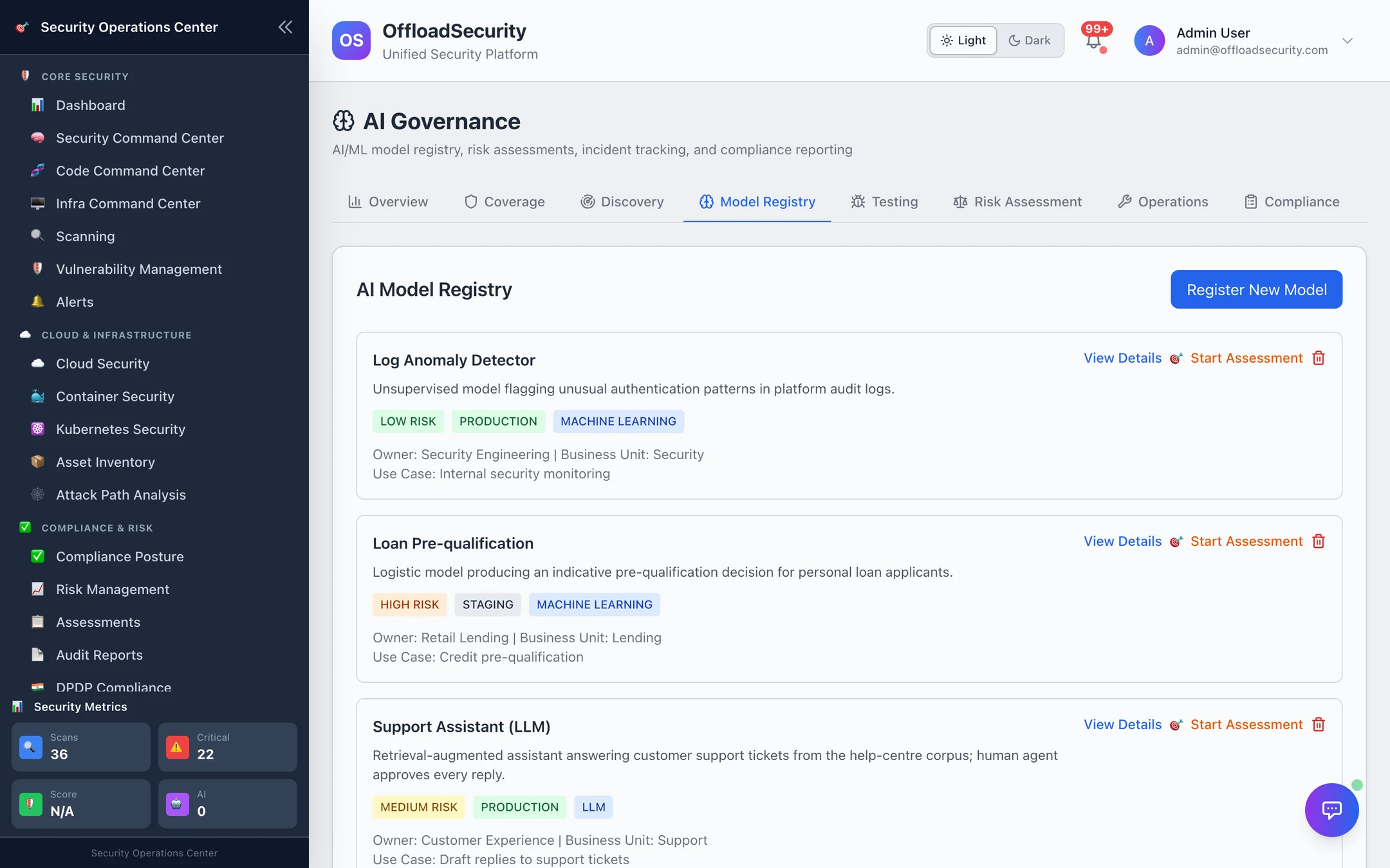 AI Model Registry: cards for each registered AI system with risk level, deployment status, type, owner, business unit and use case; View Details, Start Assessment