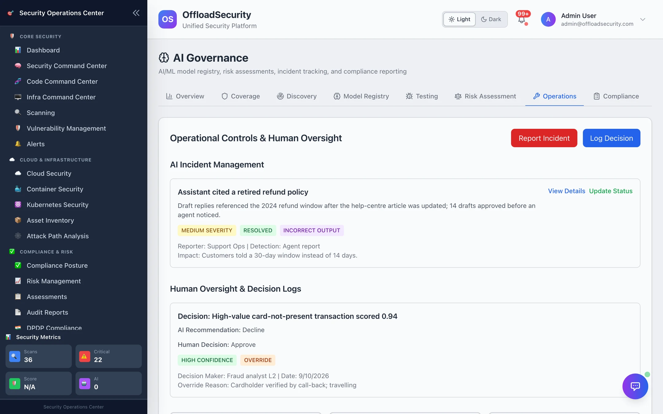 Operational Controls &amp; Human Oversight: AI incident management with a resolved incident; human oversight and decision logs with an override