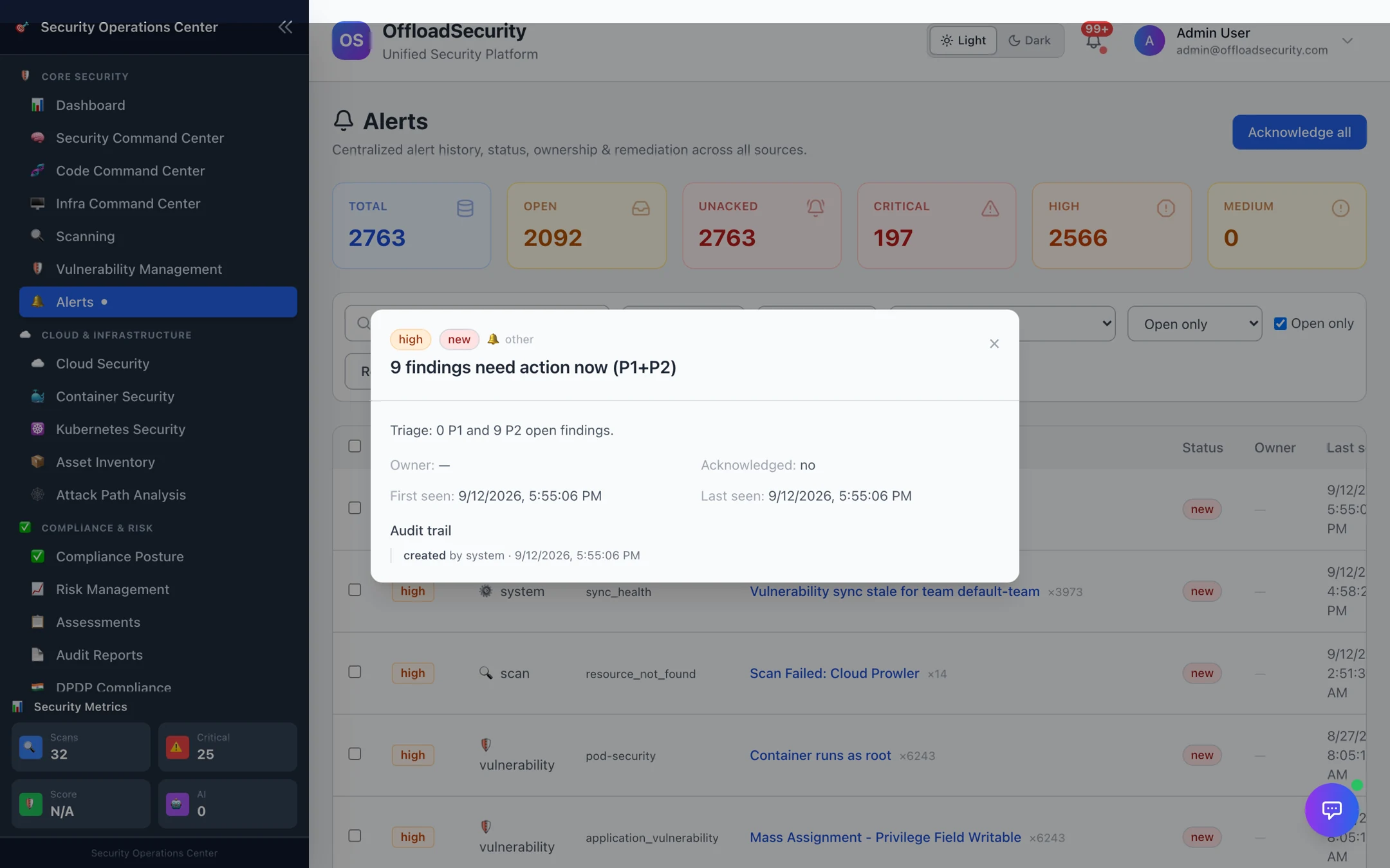 Alert detail popover: severity, source, title, triage summary, owner, acknowledged/first/last seen and the audit trail