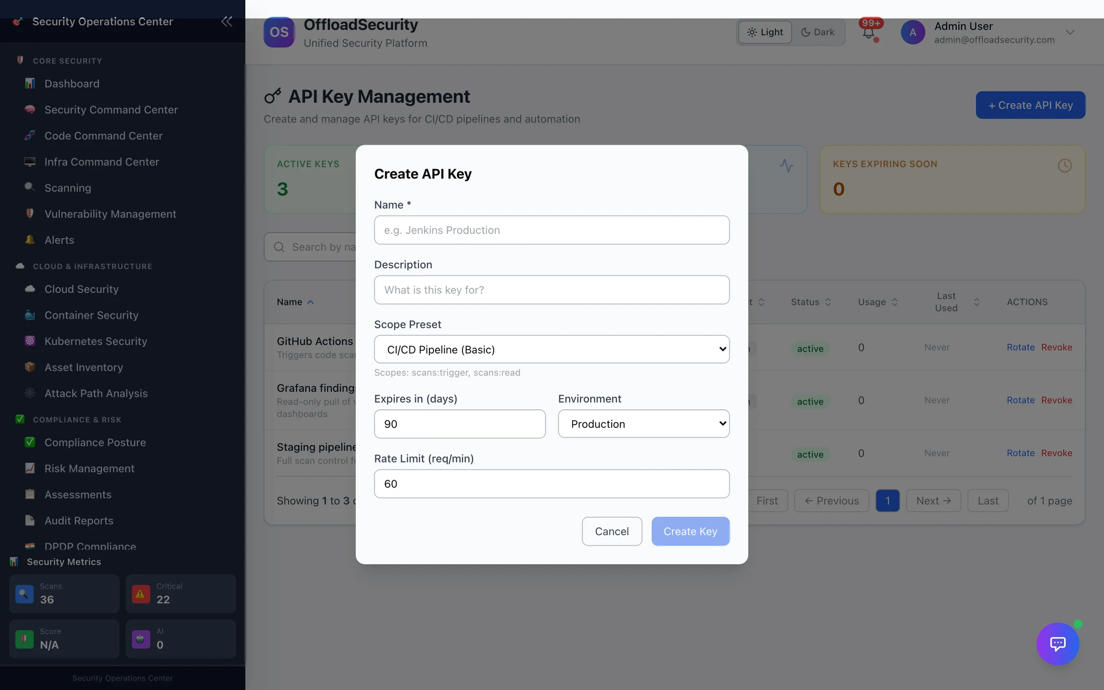 Create API Key: name, description, scope preset, expires in days, environment, rate limit (req/min)