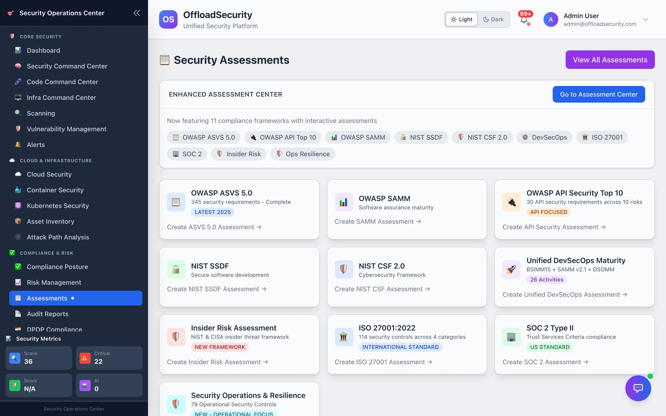 Security Assessments hub: cards for OWASP ASVS 5.0, OWASP SAMM, OWASP API Security Top 10, NIST SSDF, NIST CSF 2.0, Unified DevSecOps Maturity, Insider Risk, ISO 27001:2022, SOC 2 Type II, Security Operations &amp; Resilience