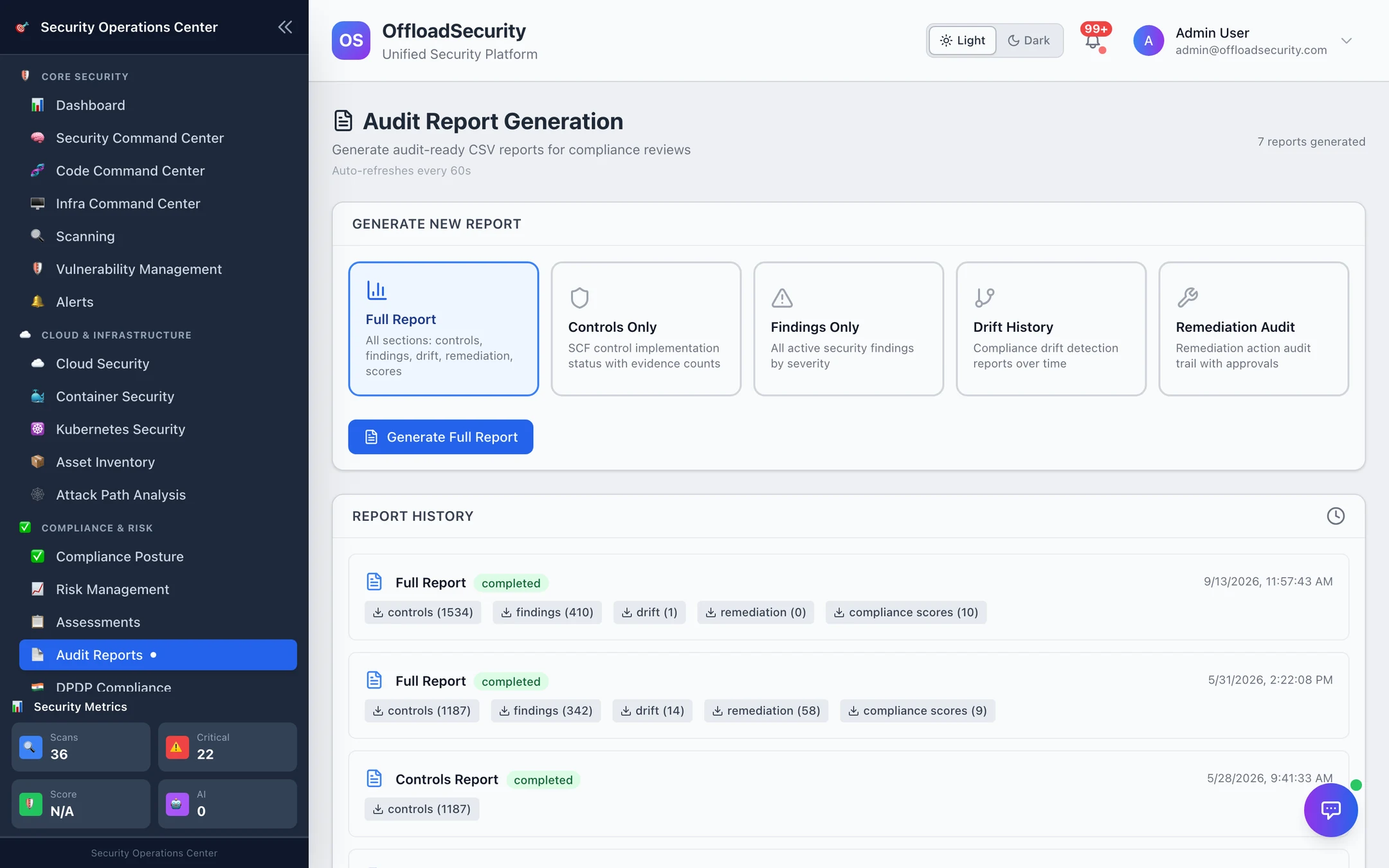 Audit Report Generation: report types (Full, Controls Only, Findings Only, Drift History, Remediation Audit) and a report history with per-section download links