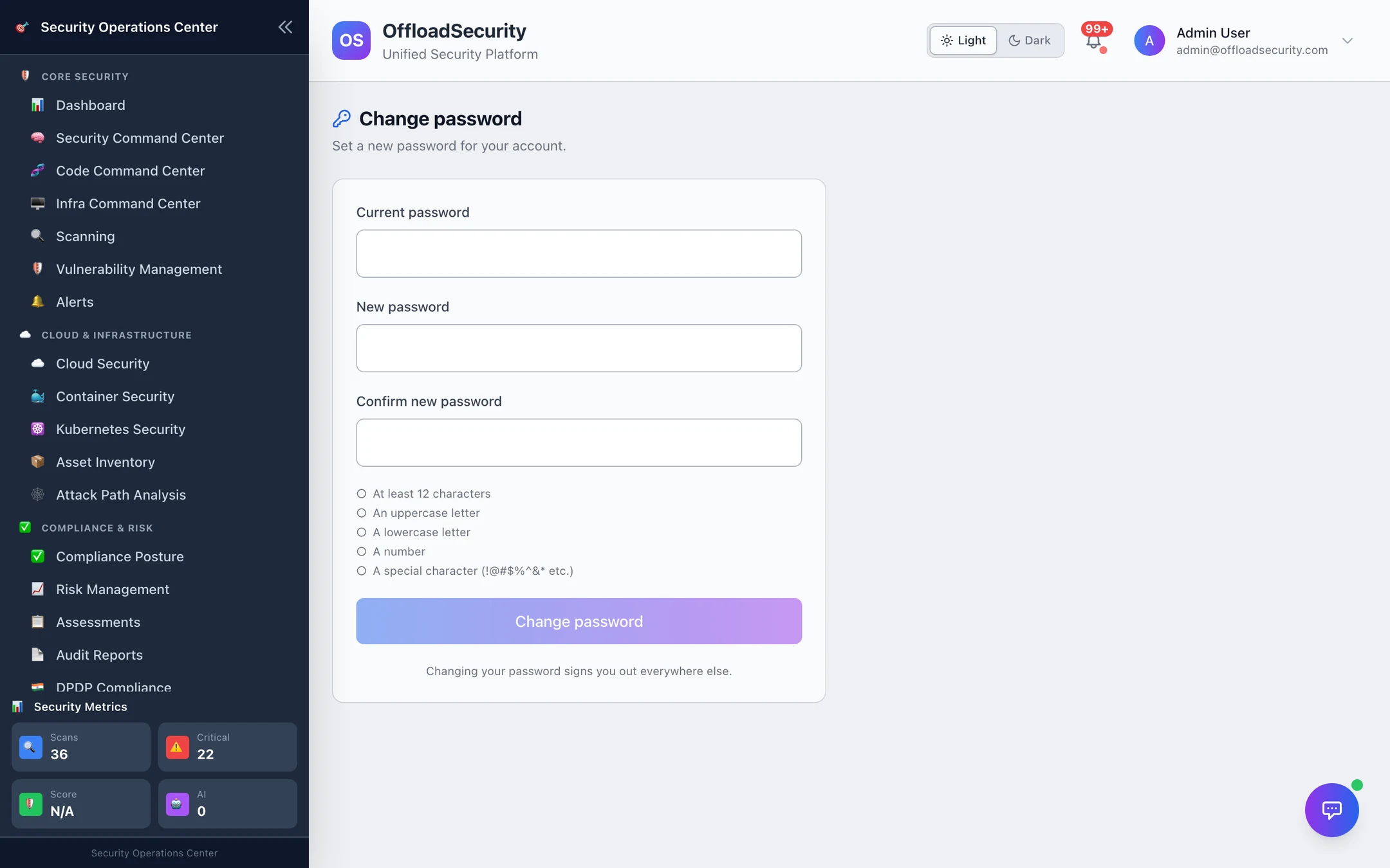 Change password: current password, new password, confirm; the five rules; "Changing your password signs you out everywhere else"