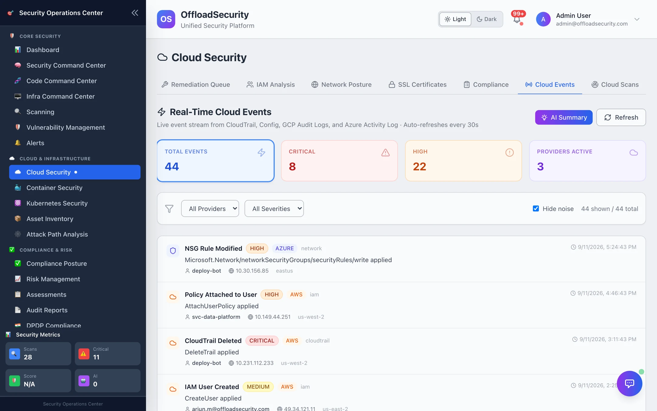 Real-Time Cloud Events: totals for the last window (44 events, 8 critical, 10 high, 3 providers), provider and severity filters, a Hide-noise toggle, and a feed of enriched events such as CloudTrail Logging Stopped and NSG Rule Modified