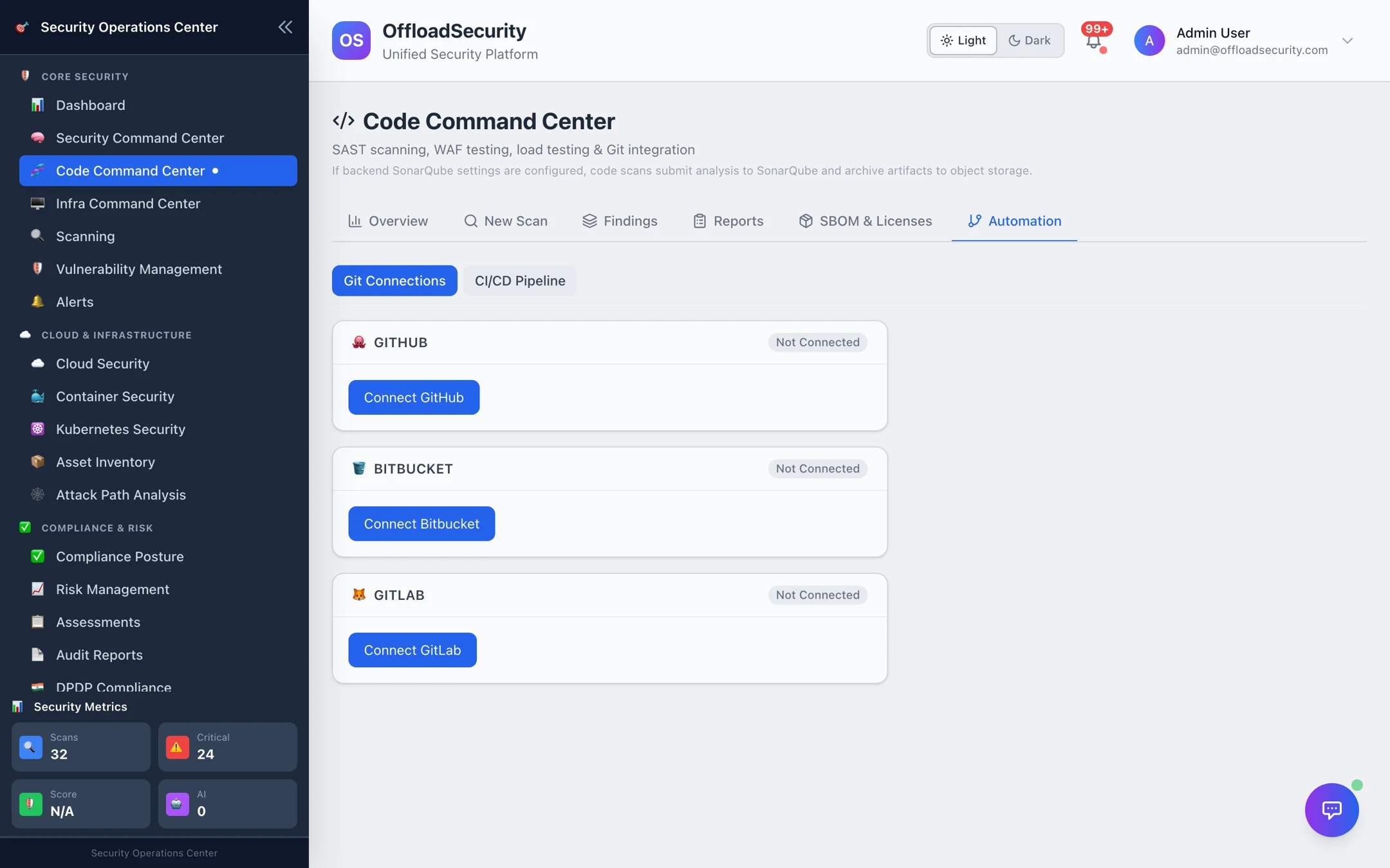 Automation tab, Git Connections: GitHub, Bitbucket and GitLab cards with Connect buttons