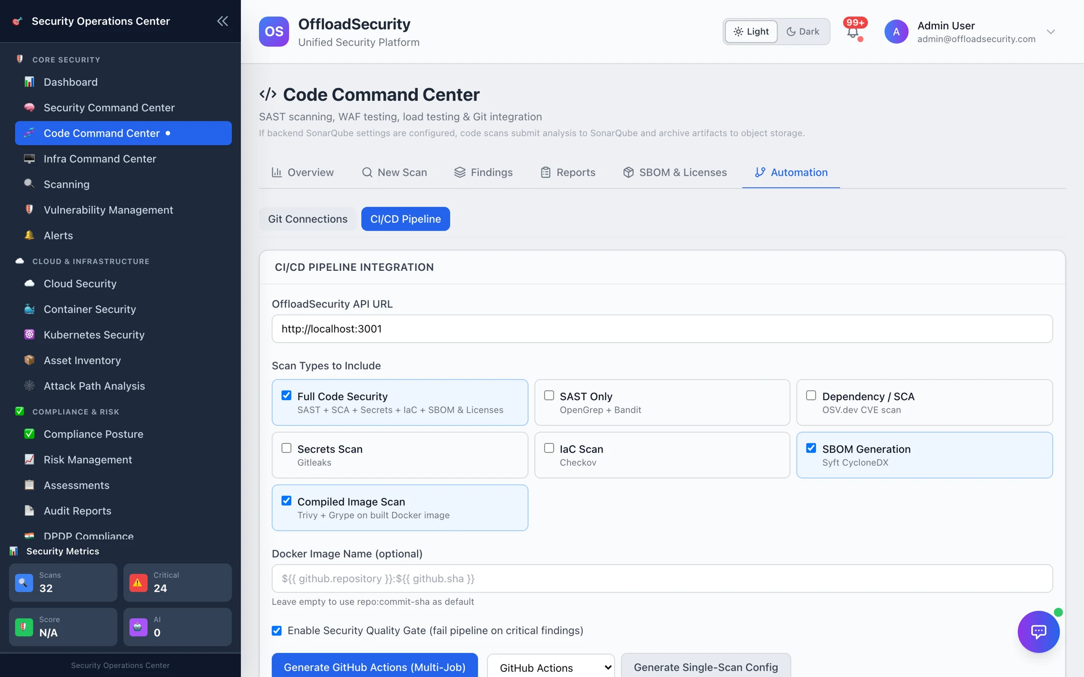 CI/CD Pipeline Integration: API URL, scan types to include (Full Code Security, SAST, Dependency/SCA, Secrets, IaC, SBOM, Compiled Image Scan), optional Docker image, security quality gate toggle, and Generate GitHub Actions (multi-job) / provider selector / single-scan config