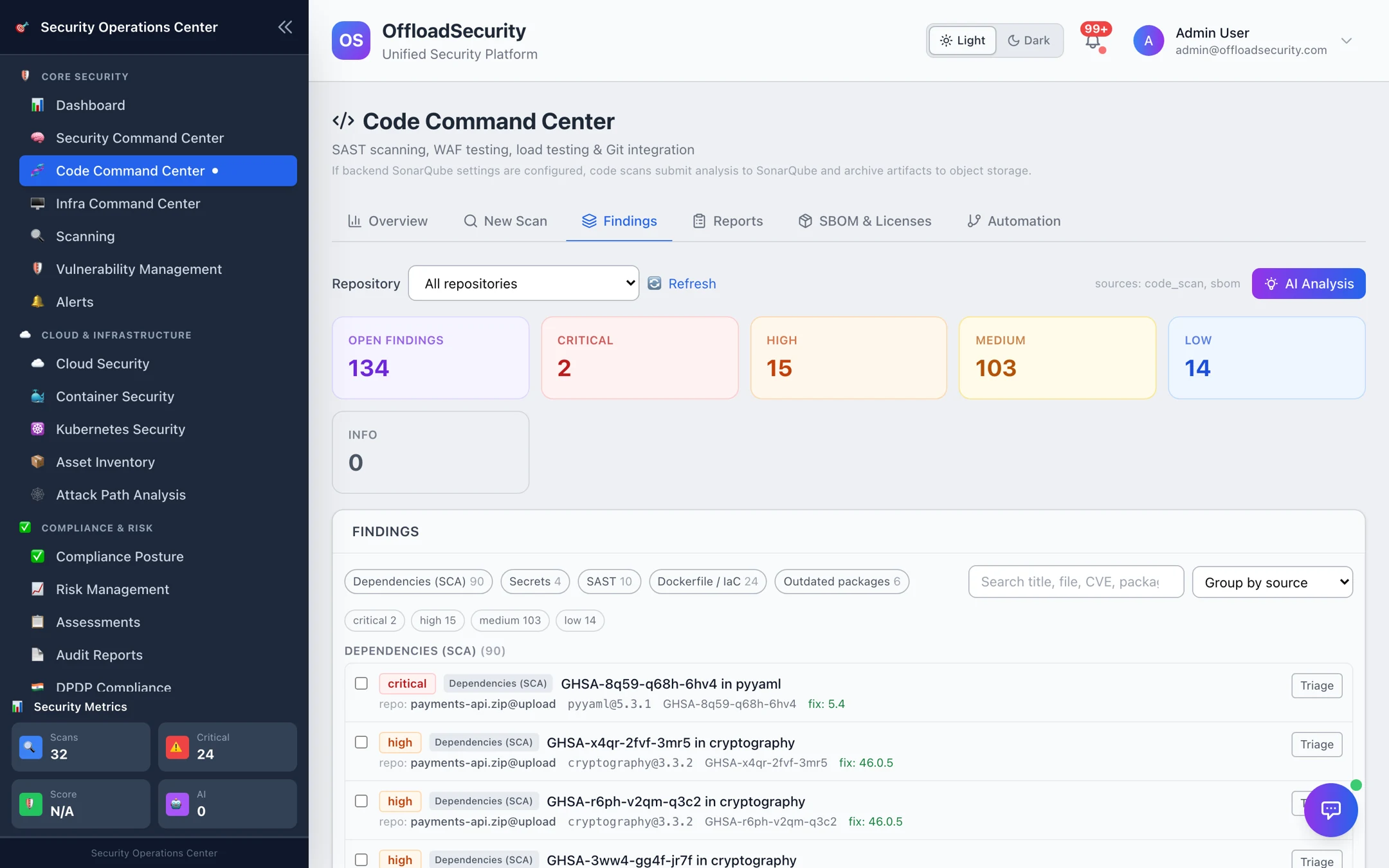Findings tab for payments-api.zip: 134 open findings (2 critical, 15 high, 103 medium, 14 low), grouped by source with dependency CVEs (GHSA IDs, package versions) and Triage buttons