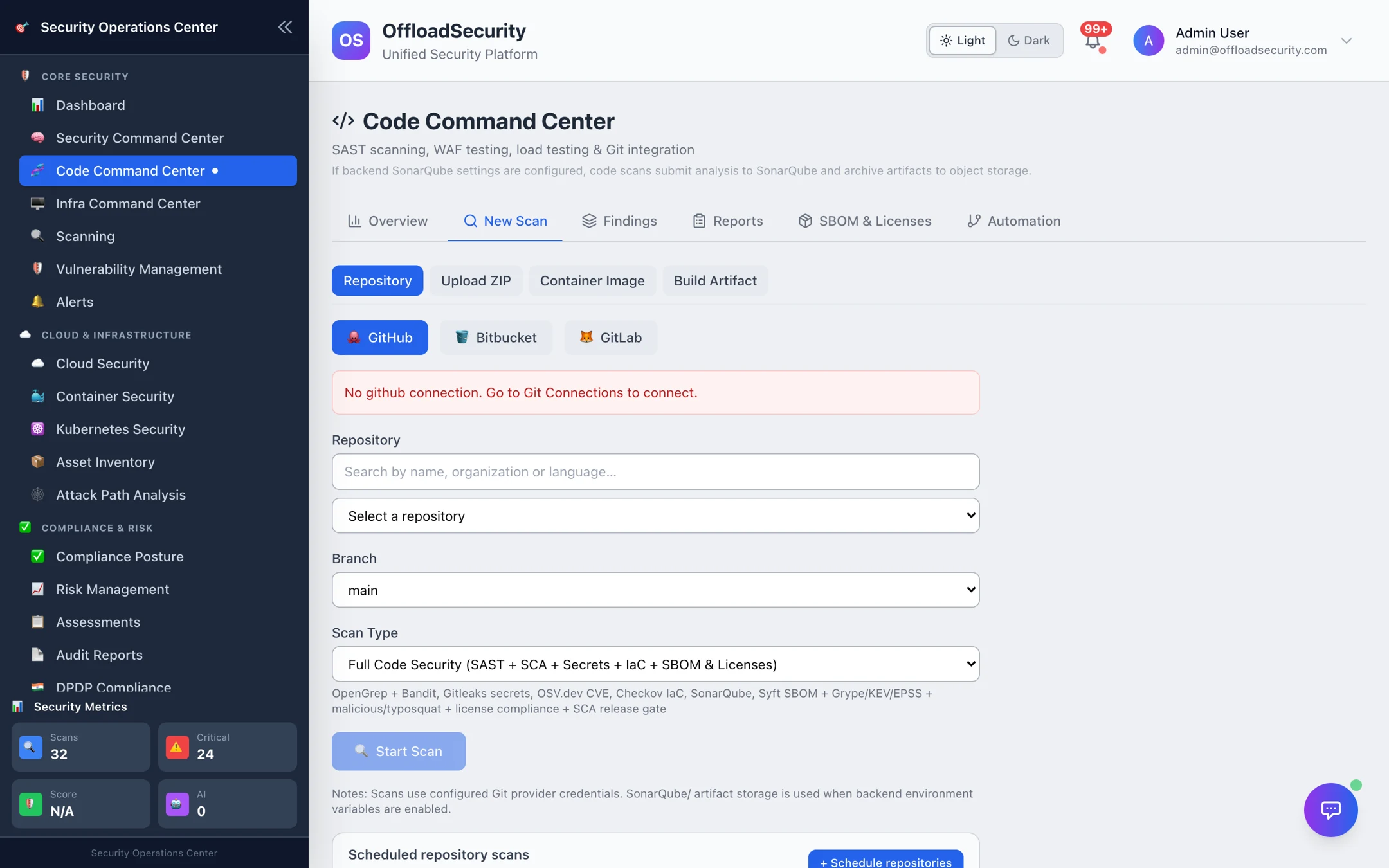 New Scan tab: source selector (Repository, Upload ZIP, Container Image, Build Artifact), provider tabs, repository and branch pickers, scan type Full Code Security, and the scheduled repository scans panel