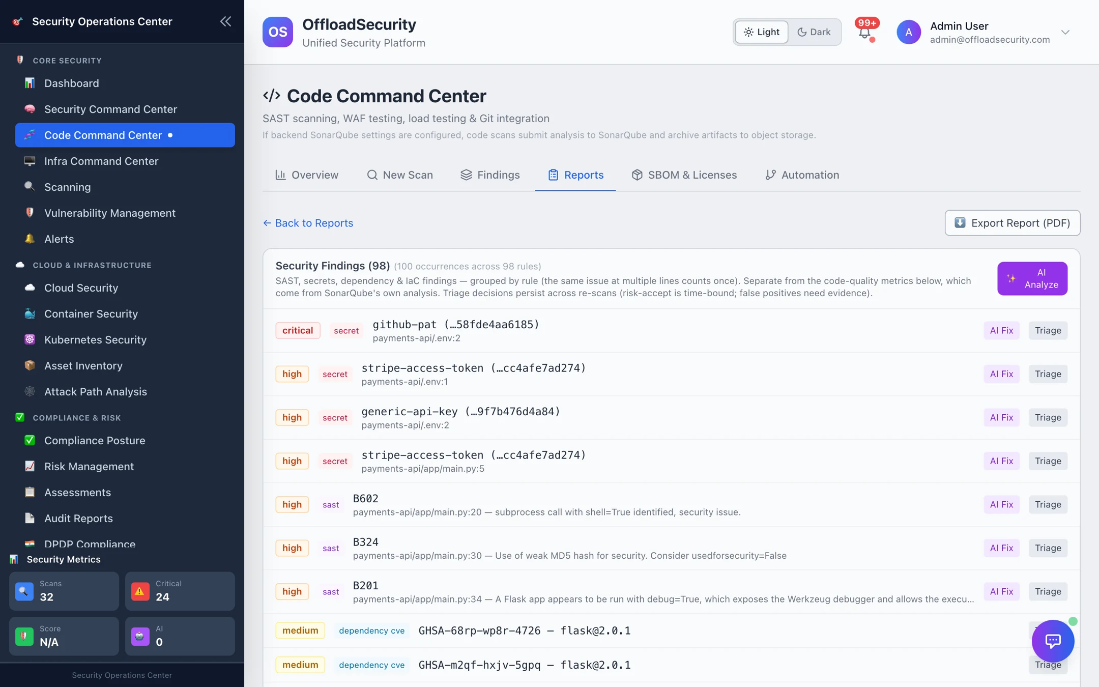 Report detail: Security Findings (98) grouped by tool — Dependencies (SCA), Secrets, SAST — with severity, package/file, and per-finding AI Fix and Triage actions