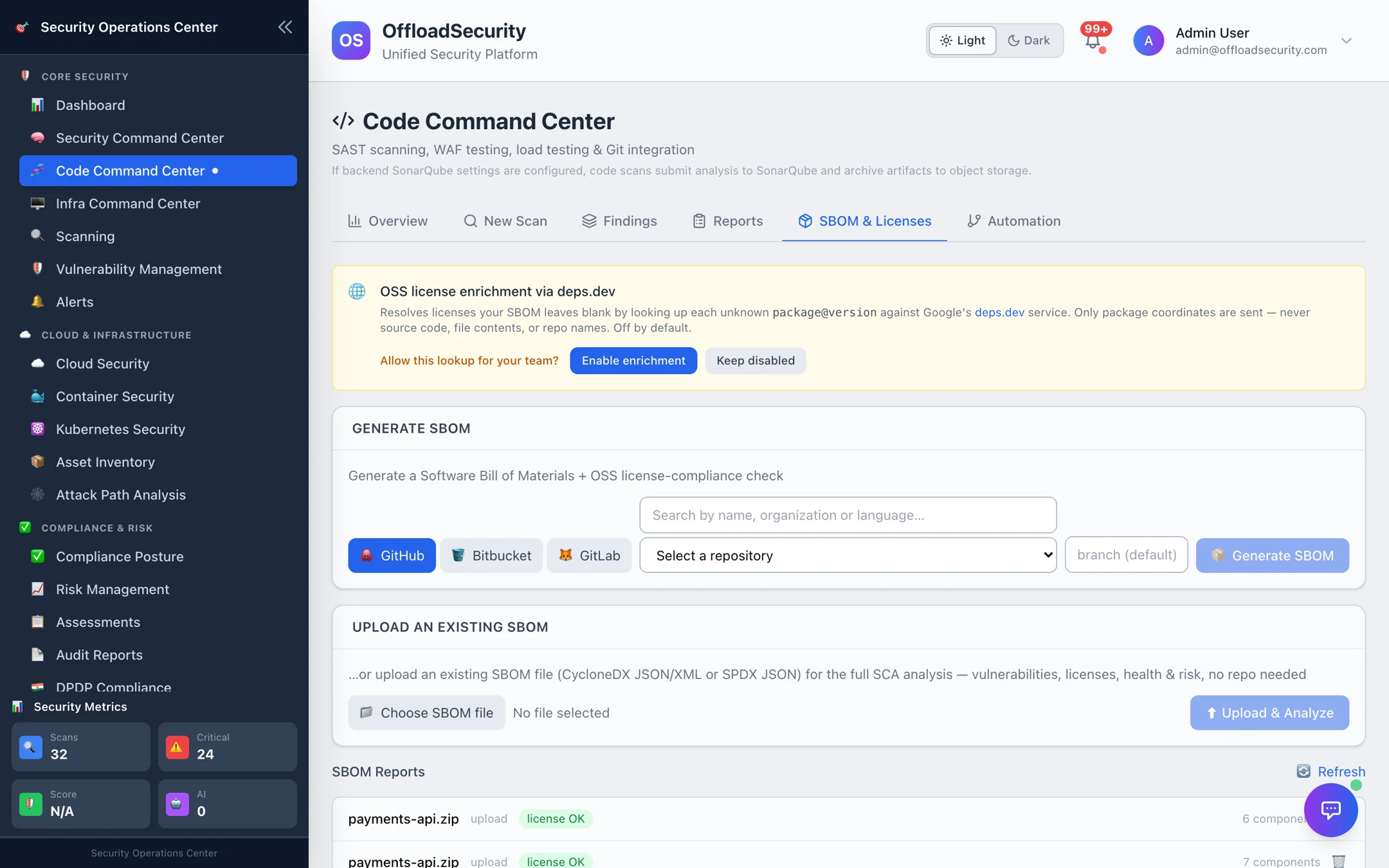 SBOM &amp; Licenses tab: licence-enrichment opt-in banner, Generate SBOM (provider, repository), Upload an existing SBOM, and the SBOM reports list showing payments-api.zip with 0 components analysed
