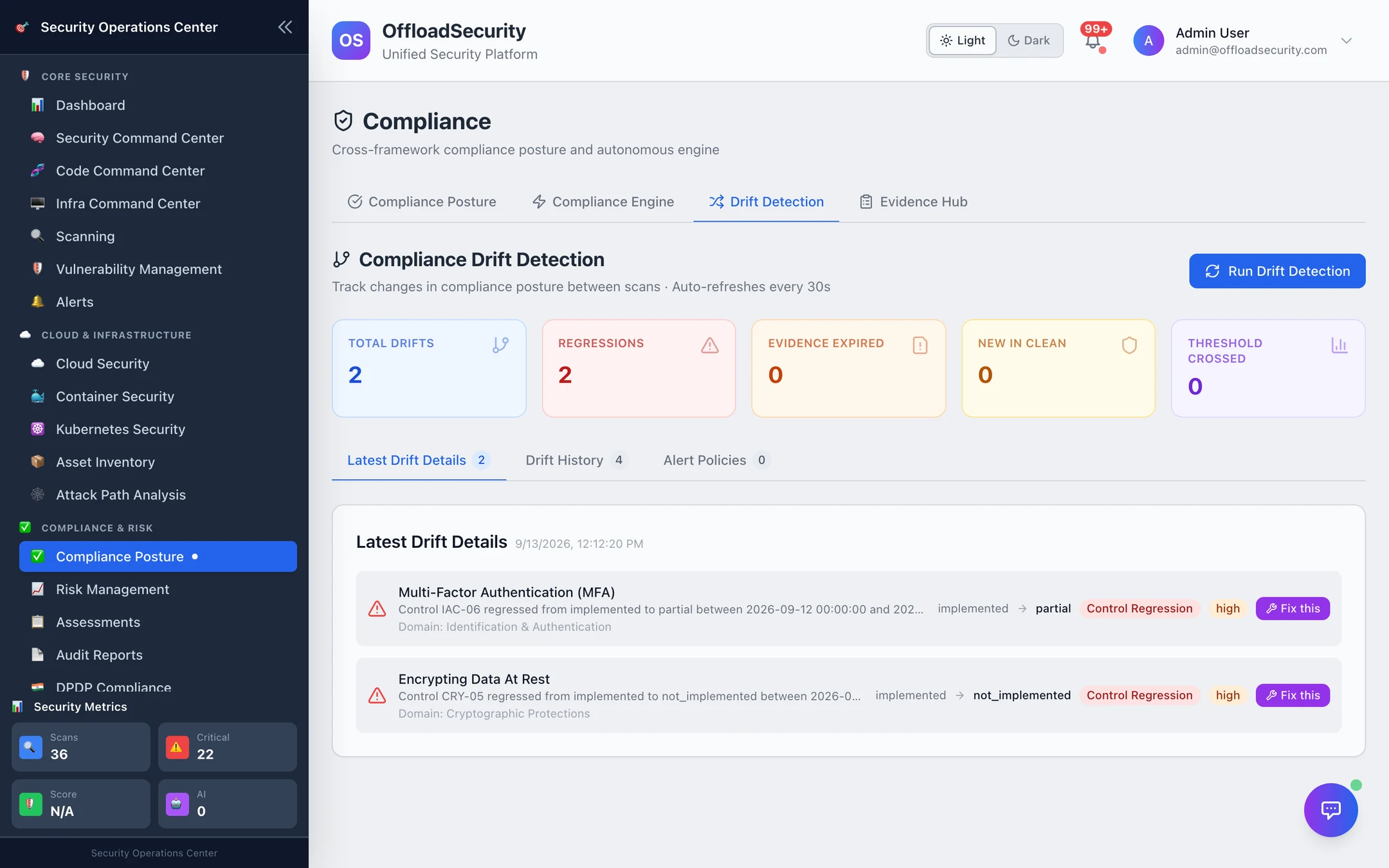 Compliance Drift Detection: 2 total drifts, 2 regressions; latest drift details listing IAC-06 (implemented → partial) and CRY-05 (implemented → not_implemented) as control regressions with Fix this actions