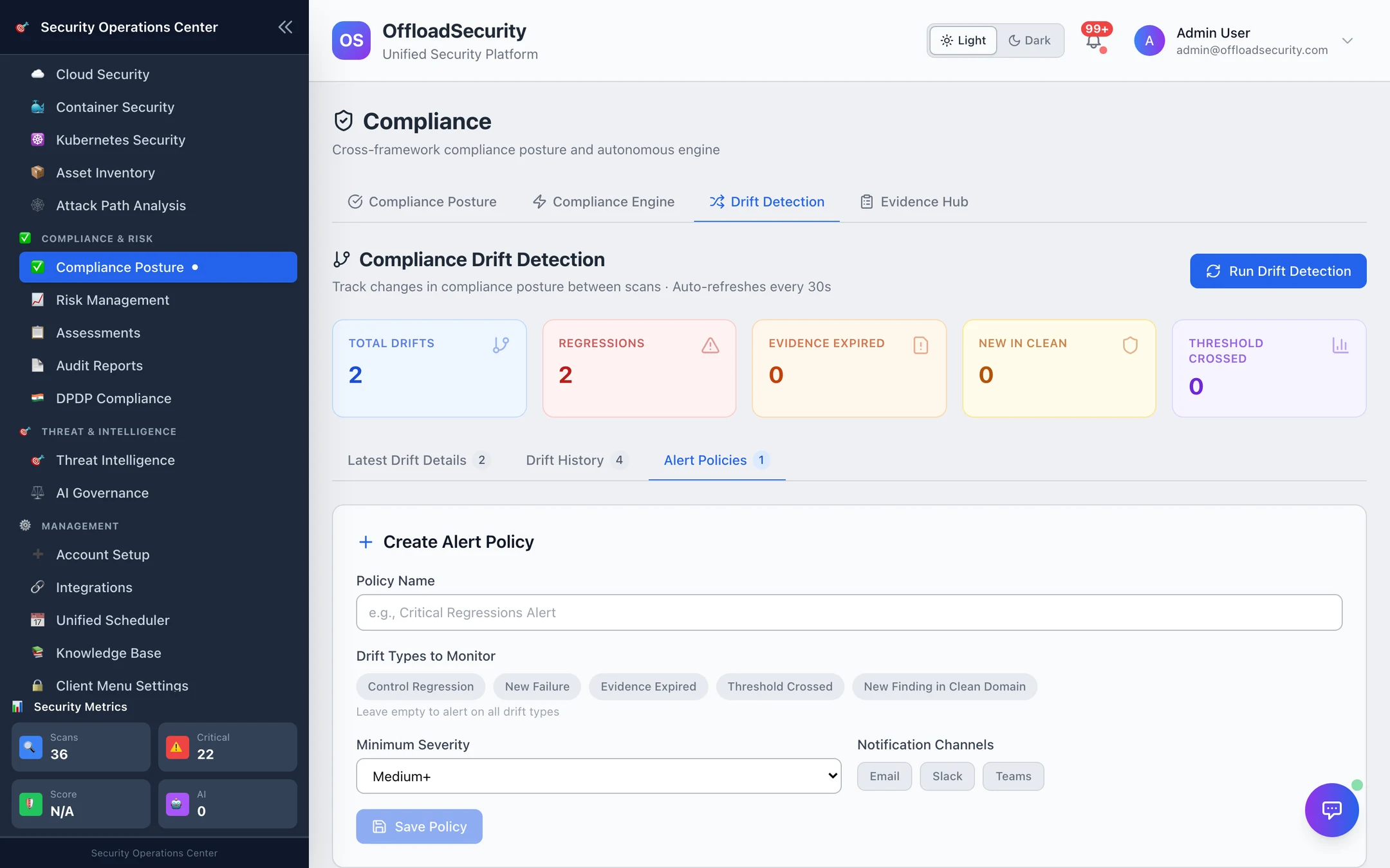 Alert Policies: create policy with name, drift types, severity threshold, frameworks and notification channels