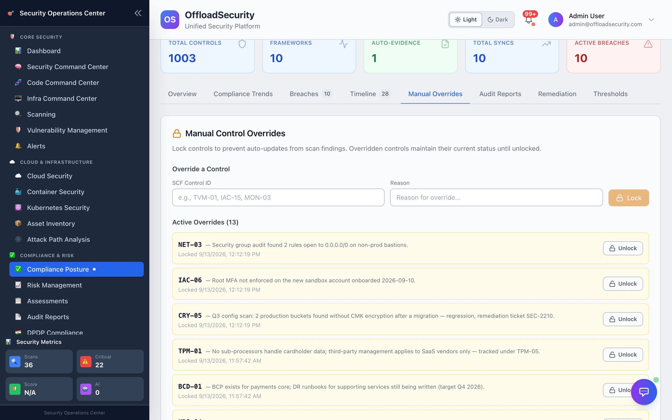 Manual Control Overrides: lock a control by SCF ID with a reason; active overrides list with reason, locked time and an Unlock action