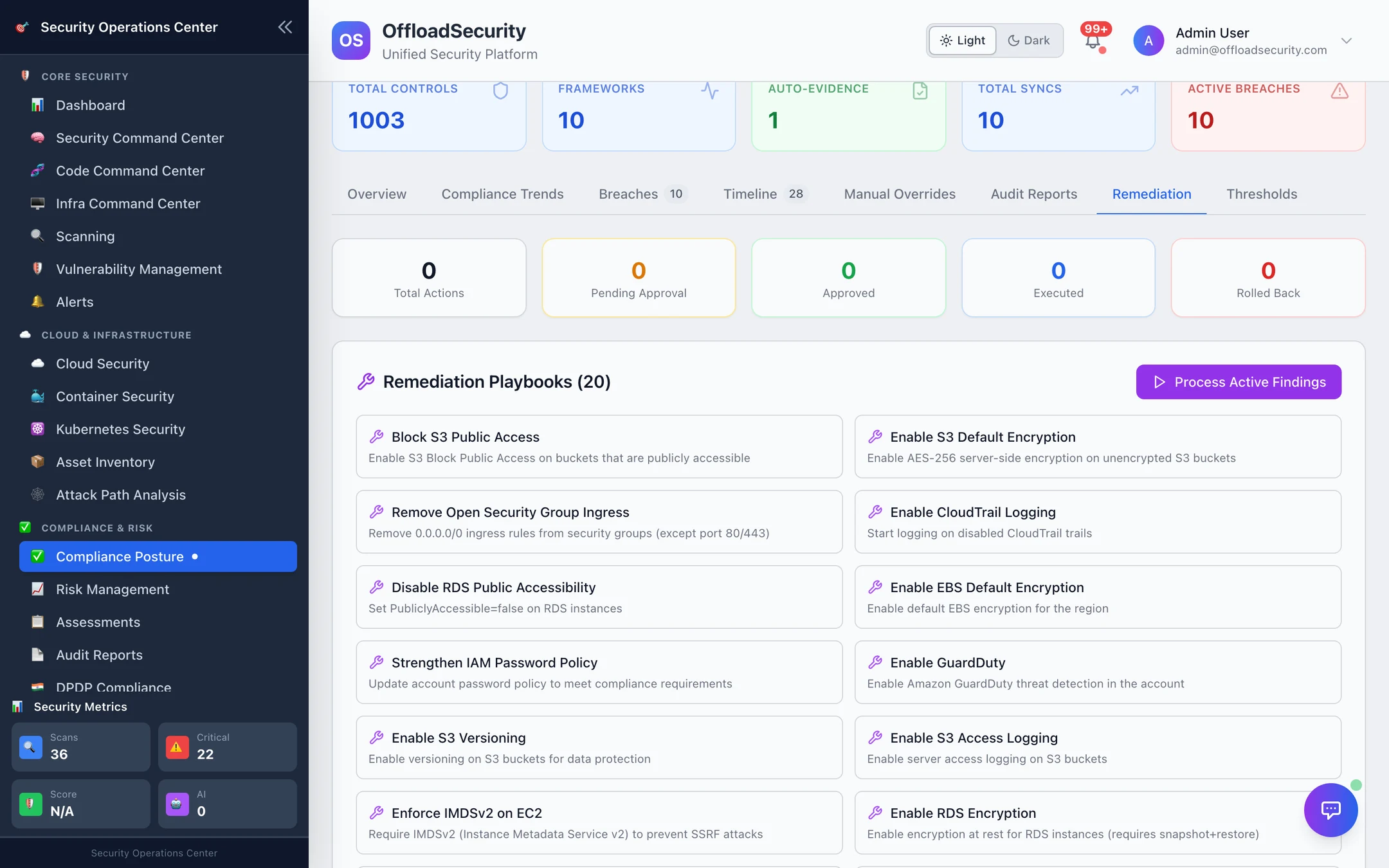Remediation Playbooks (20): Block S3 Public Access, Enable S3 Default Encryption, Remove Open Security Group Ingress, Enable CloudTrail Logging, Disable RDS Public Accessibility, Enable EBS Default Encryption, Strengthen IAM Password Policy, Enable GuardDuty, Restrict GCP Firewall Rules, Restrict Azure NSG Rules …