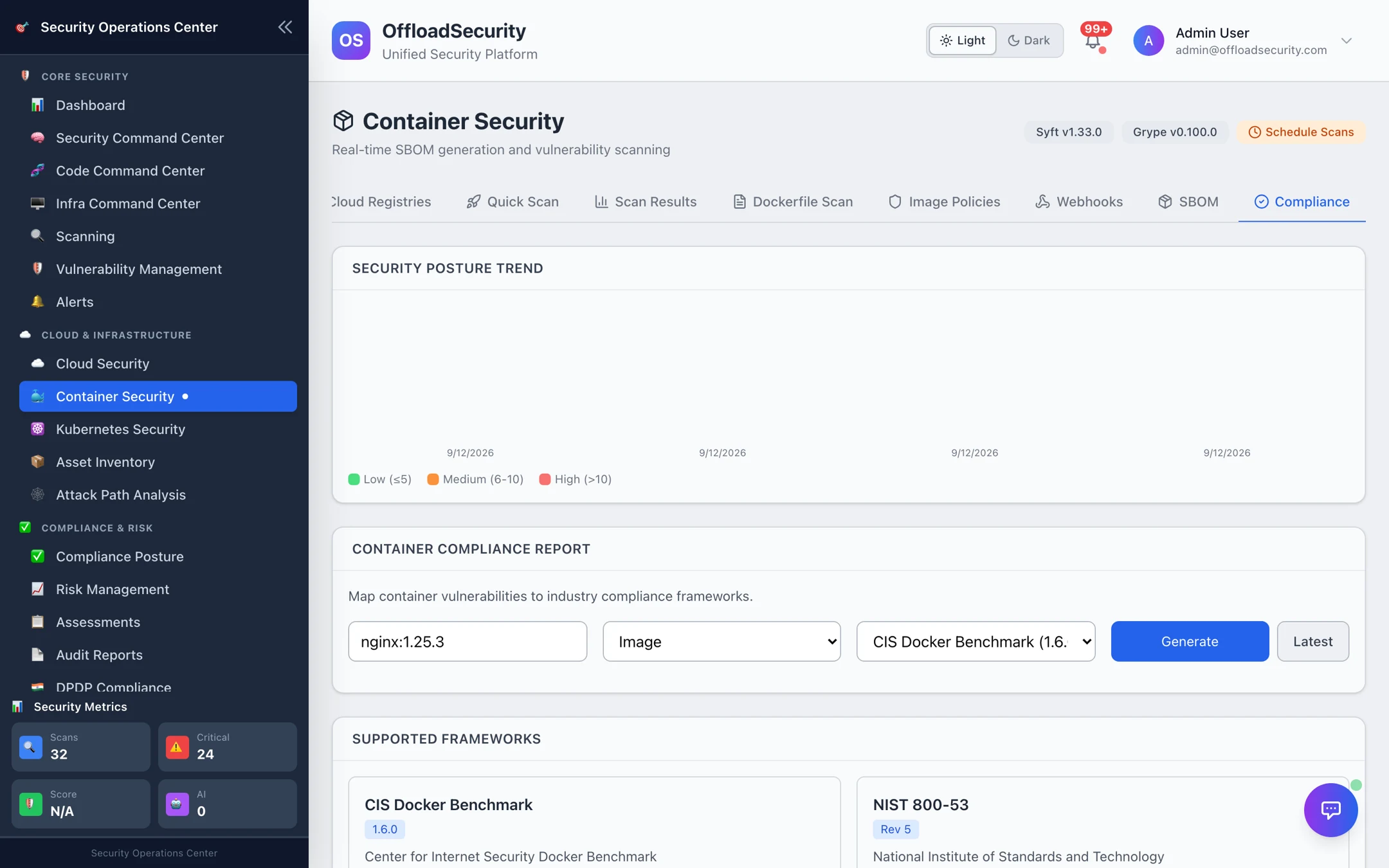 Compliance tab: security posture trend chart, container compliance report form (target, target type, framework) and the supported frameworks — CIS Docker Benchmark 1.6.0, NIST 800-53, PCI DSS, SOC 2