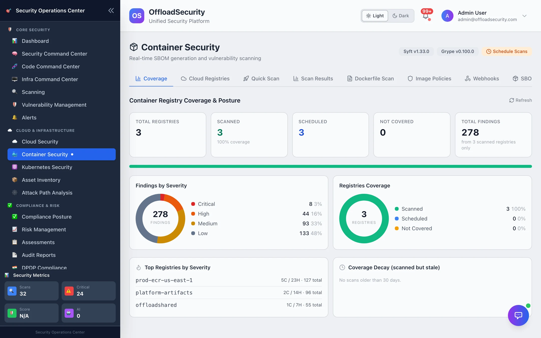 Container Security — Coverage tab: 3 registries, all scanned, 278 findings by severity across registries, and top registries by severity