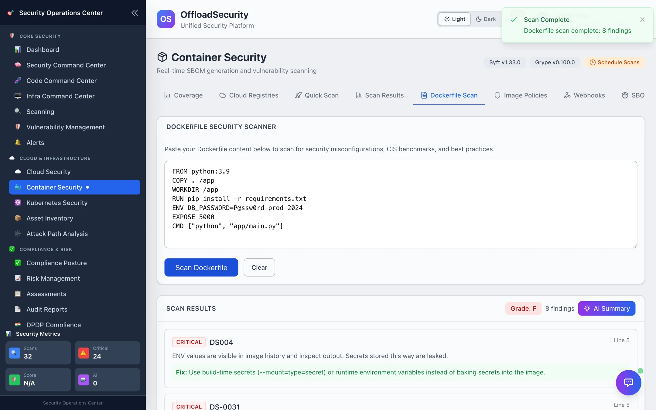 Dockerfile Security Scanner: a pasted Dockerfile, Grade F with 8 findings, and rule cards such as DS004 (secrets in ENV, critical) with the fix