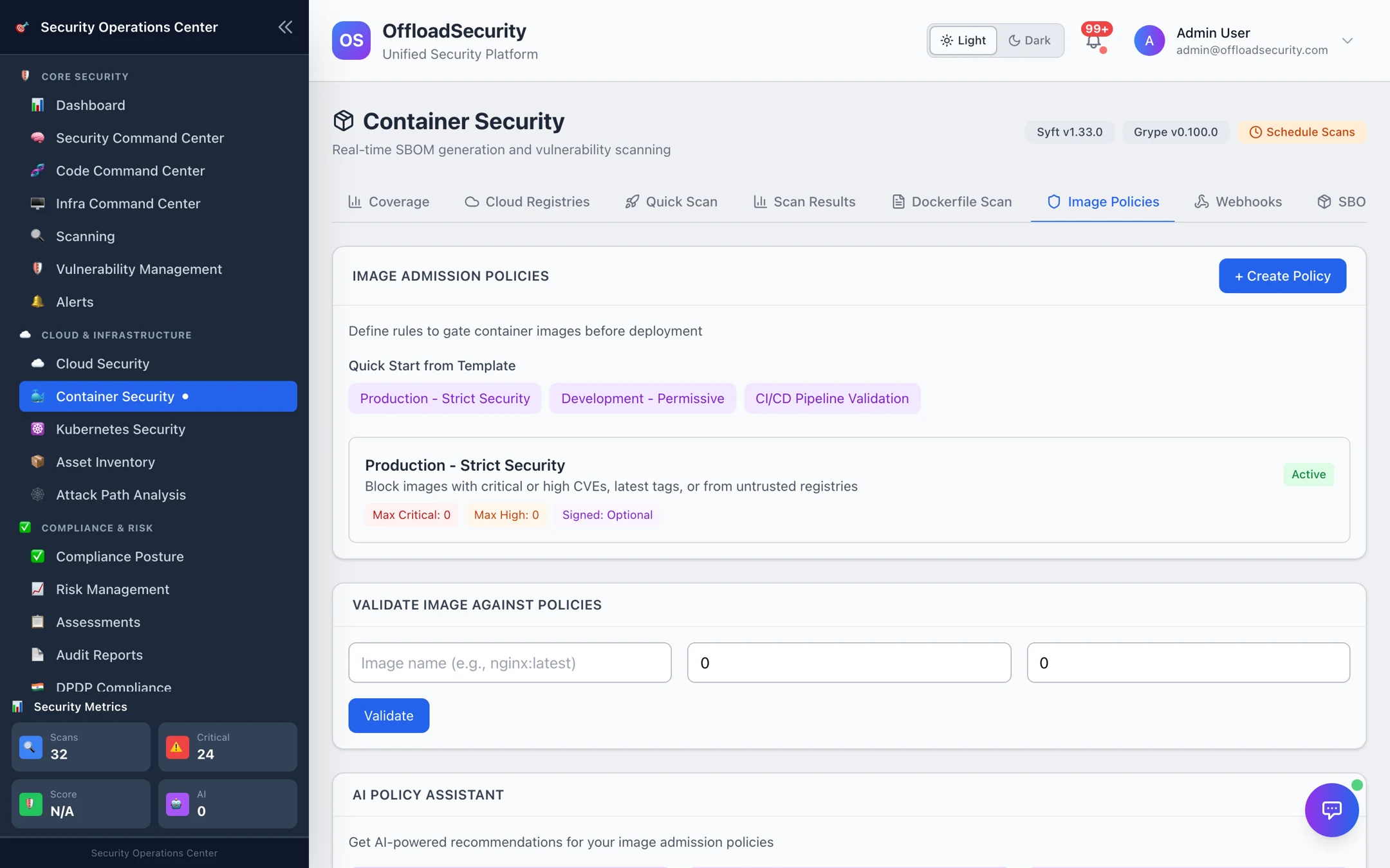Image Policies tab: quick-start templates (Production – Strict Security, Development – Permissive, CI/CD Pipeline Validation), an active Production – Strict Security policy, and the validate-image form