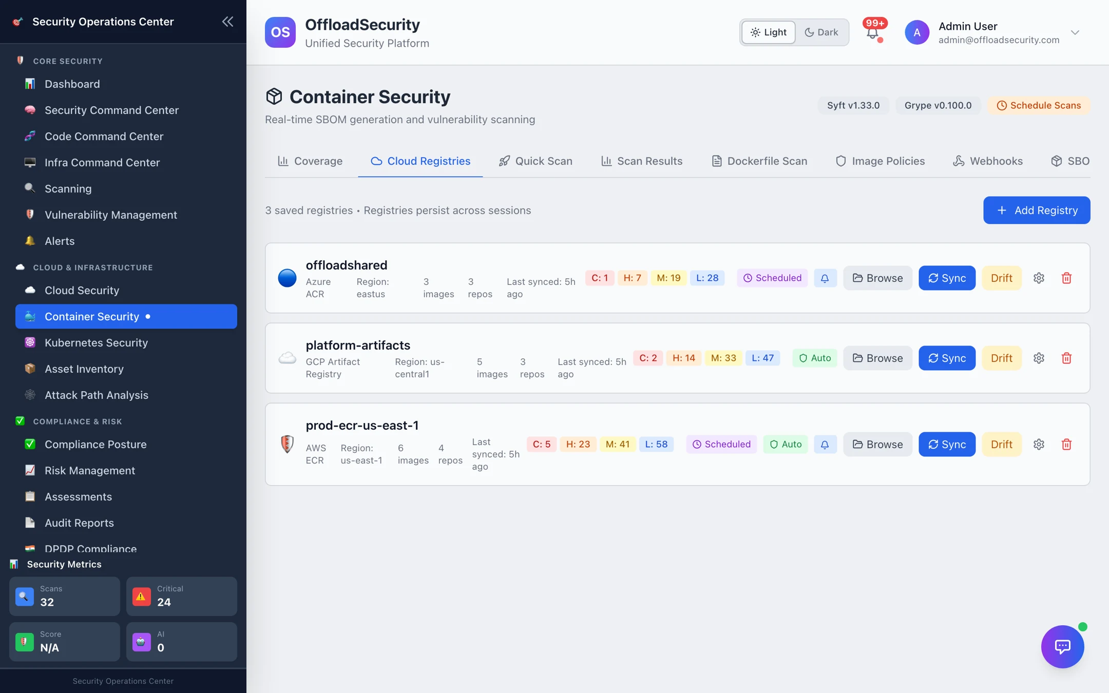 Cloud Registries tab: three saved registries (Azure ACR, GCP Artifact Registry, AWS ECR) with image and repository counts, severity chips, last sync time, schedule badge, and Browse / Sync / Drift actions