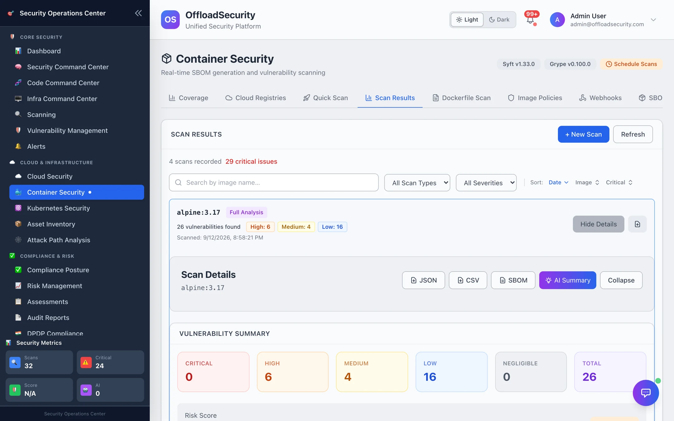 Expanded scan detail for alpine:3.17: vulnerability summary by severity (26 total), risk score, JSON / CSV / SBOM export and AI Summary