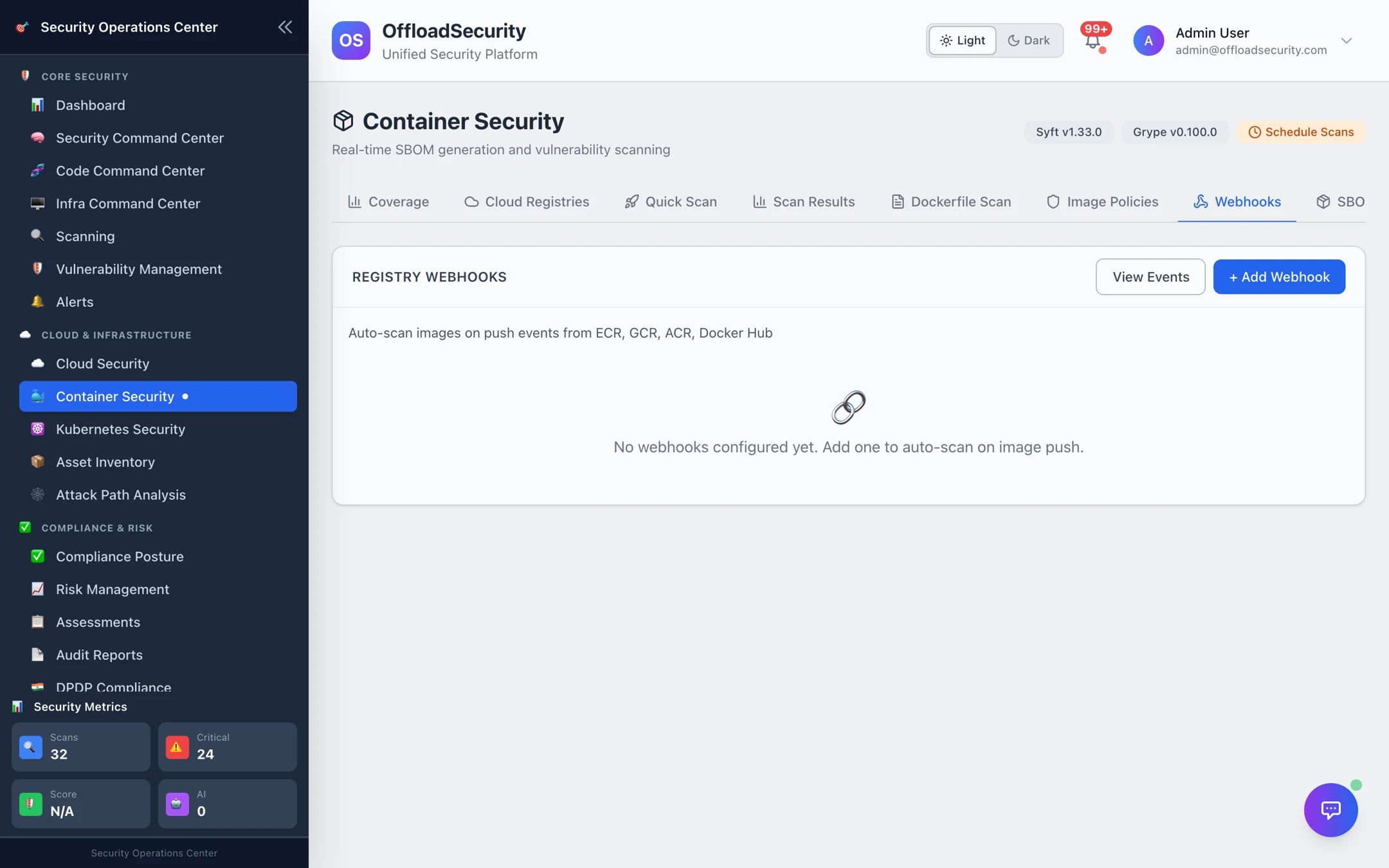 Registry Webhooks tab: empty state with Add Webhook and View Events actions