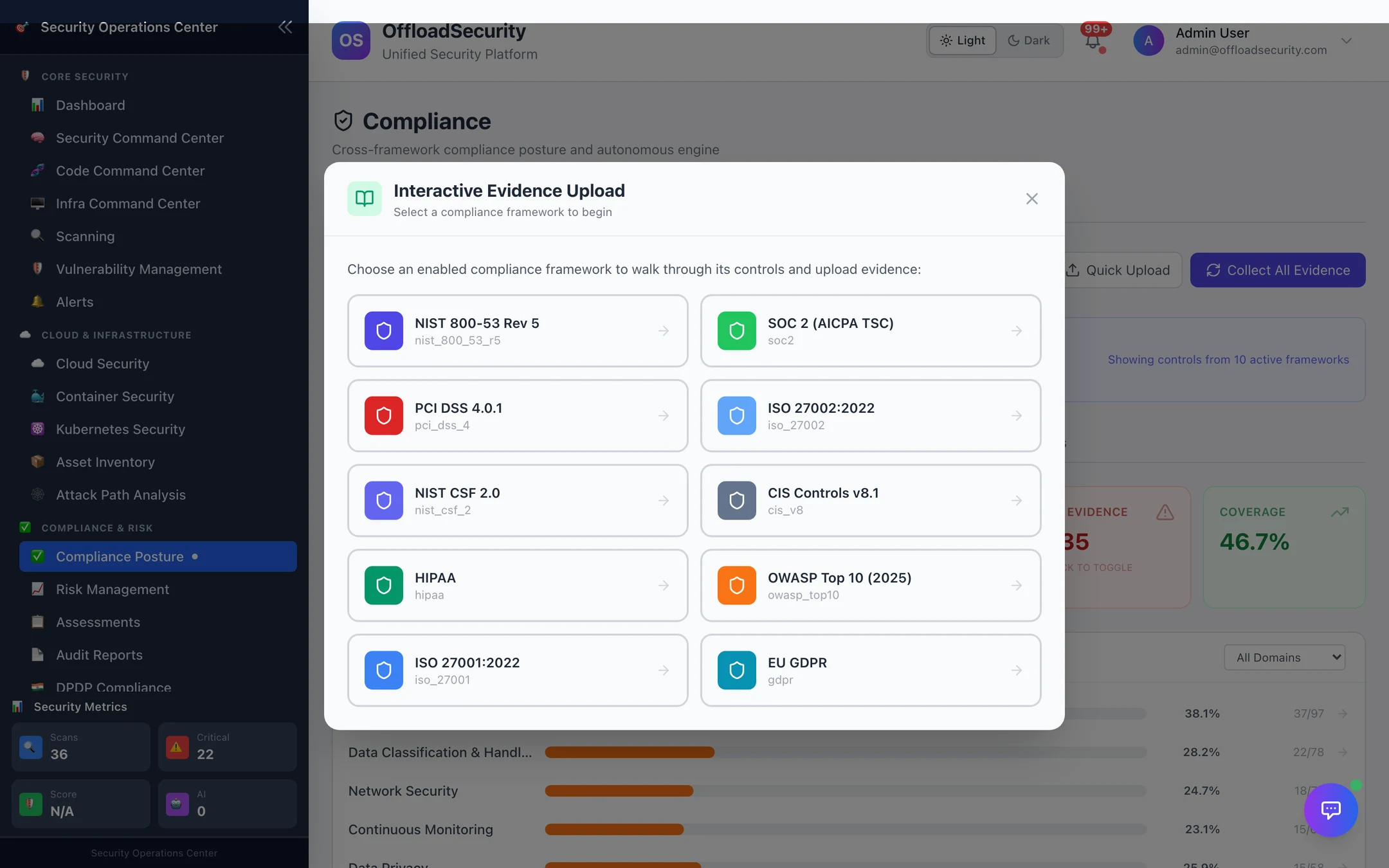 Interactive Evidence Upload wizard: choose a framework, then controls needing evidence
