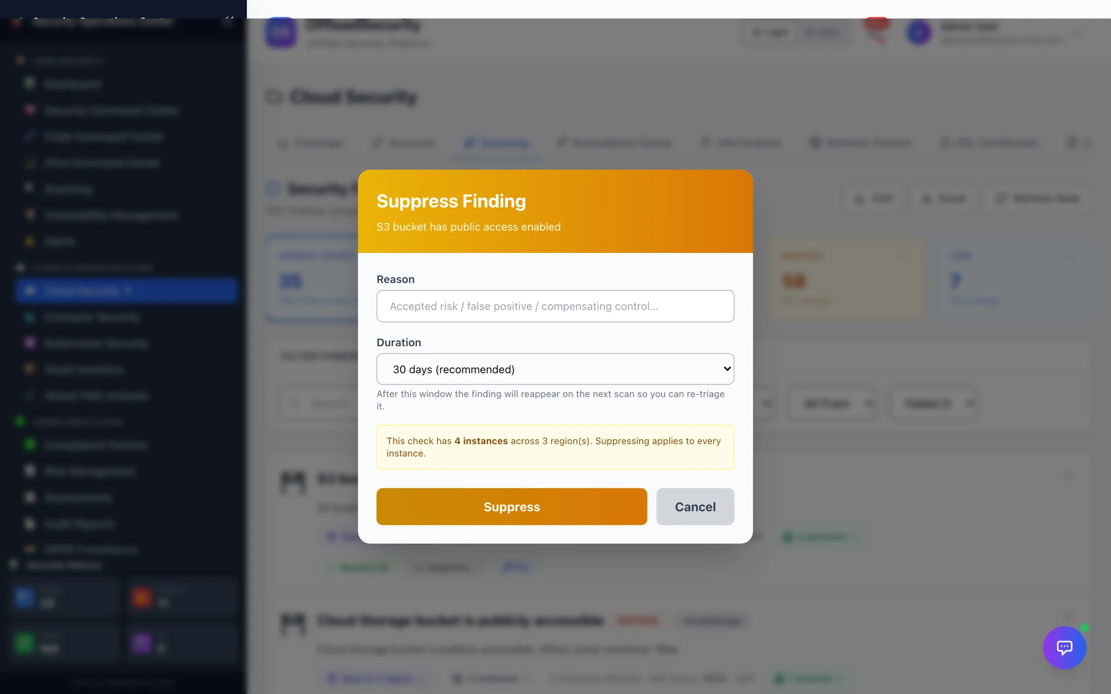 Suppress Finding dialog with a reason field and a duration picker (7 days to 1 year, or permanent), noting that suppression applies to every instance of the check