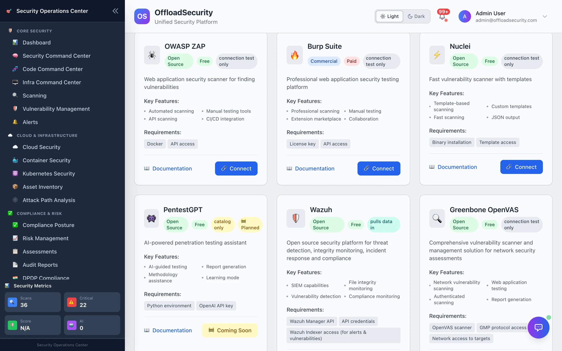 Catalog cards with capability badges: OWASP ZAP and Nuclei "connection test only", Wazuh "pulls data in", PentestGPT "catalog only · Planned"