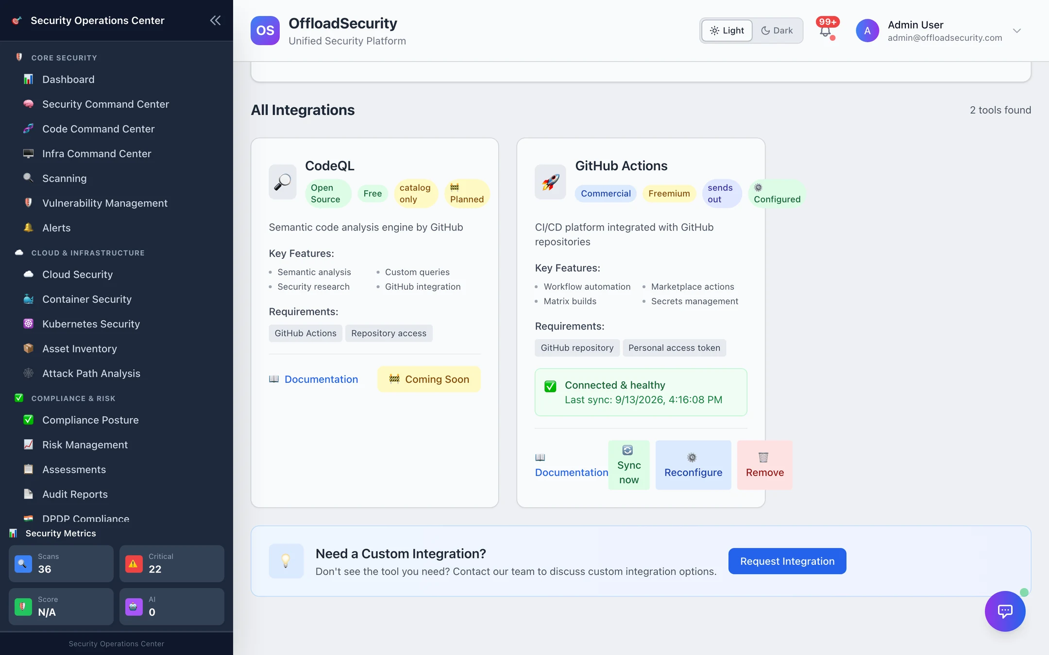 A connected GitHub Actions card: "sends out", Configured, "Connected & healthy — last sync", Sync now / Reconfigure / Remove
