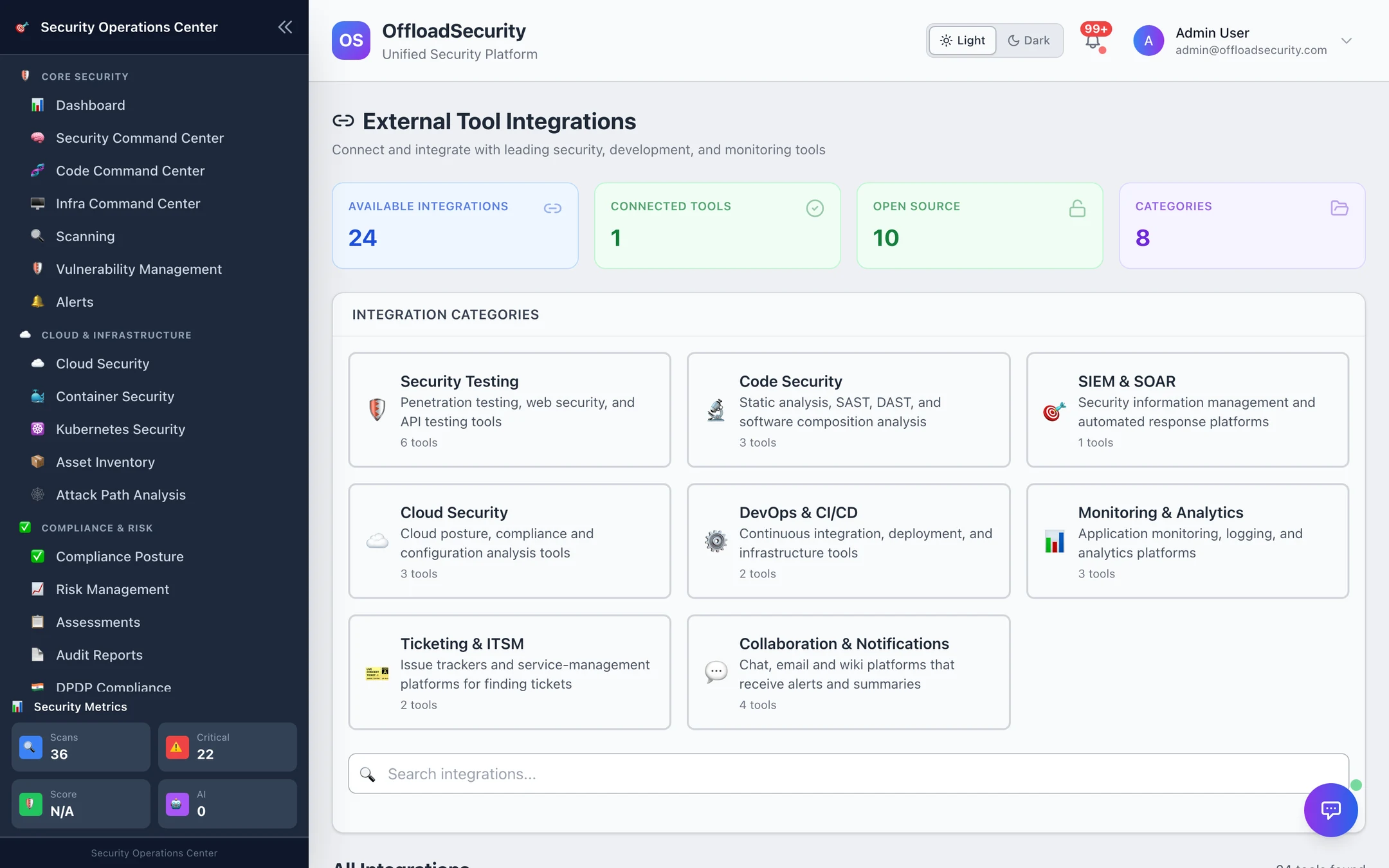 Integrations hub: available integrations, connected tools, open-source and category counts; the eight integration categories; search