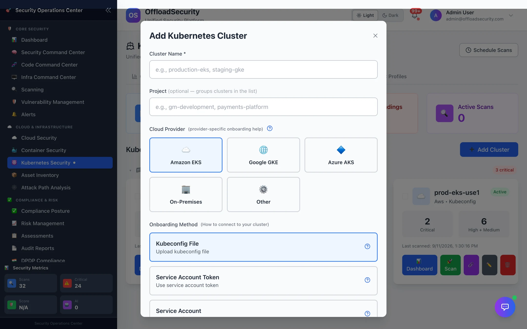 Add Kubernetes Cluster dialog: cluster name, optional project, cloud provider (Amazon EKS, Google GKE, Azure AKS, On-Premises, Other), and onboarding method (Kubeconfig File, Service Account Token, Service Account)