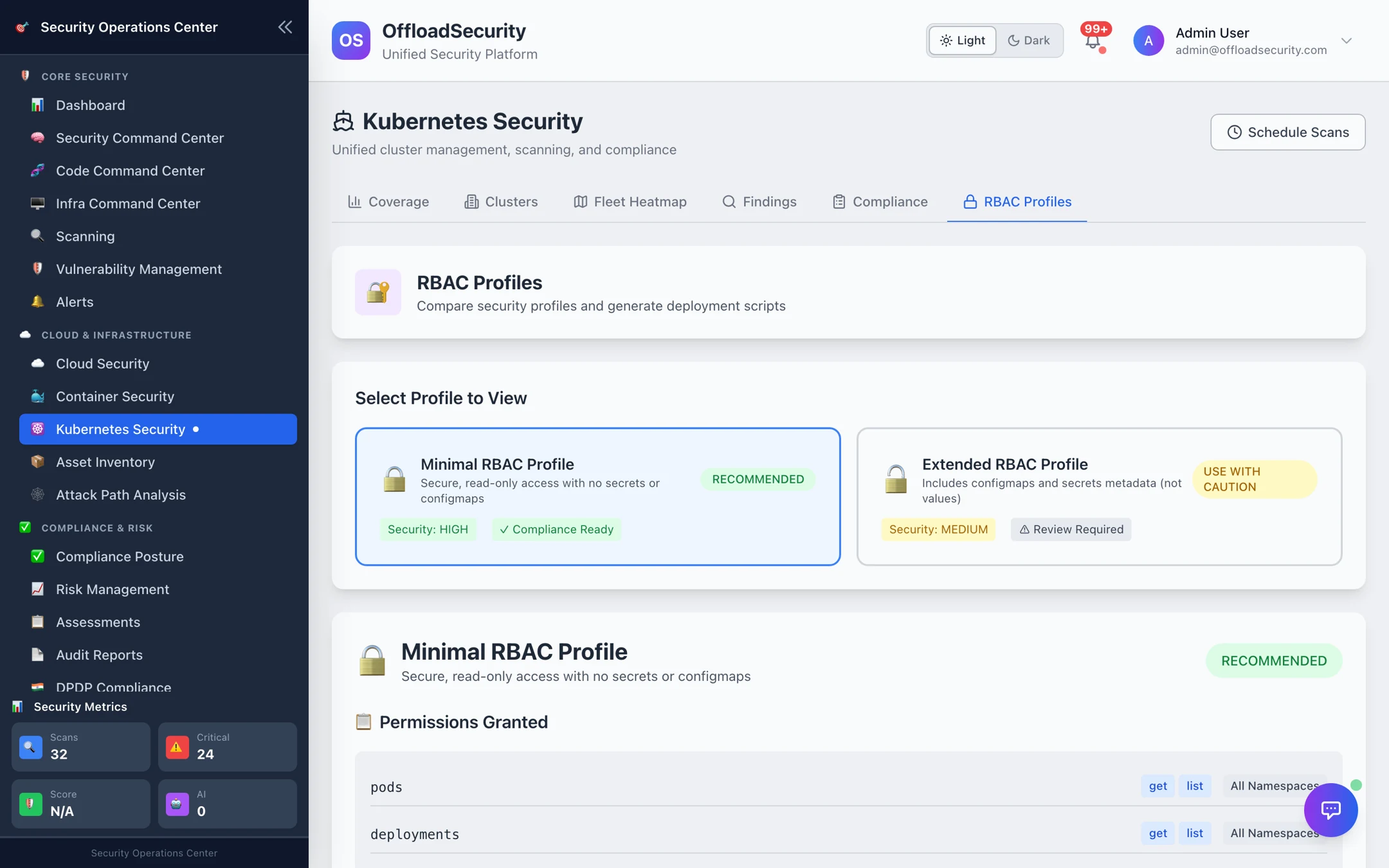 RBAC Profiles tab: Minimal (recommended) vs Extended profile cards with security level, and the Minimal profile's permission grant list