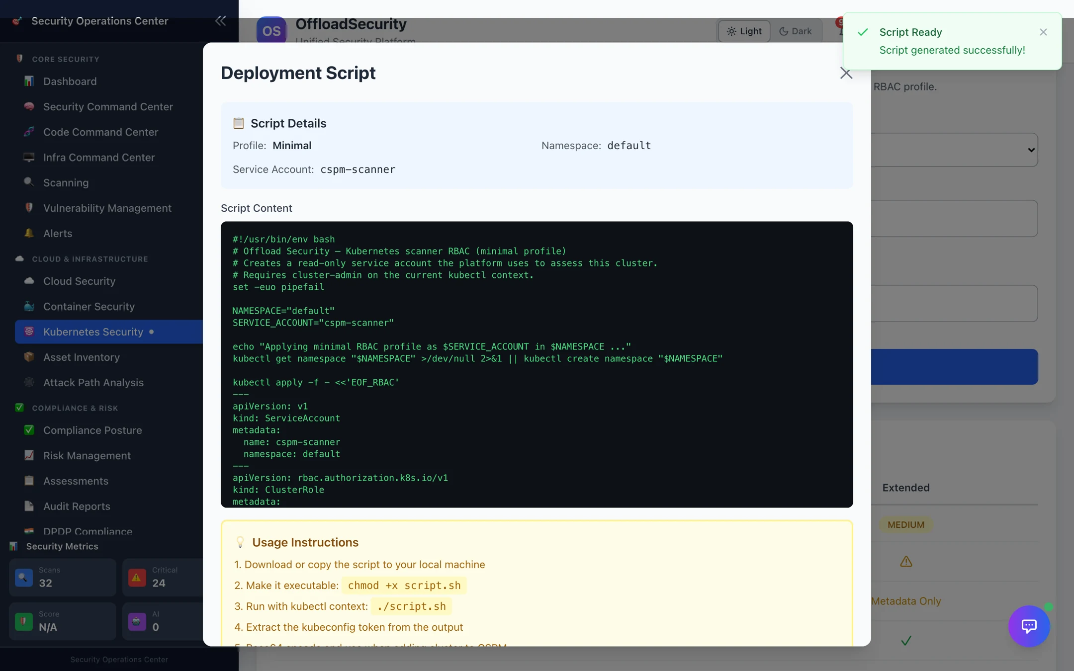 Deployment Script dialog: profile, namespace and service account, the generated bash script, and usage instructions with copy/download