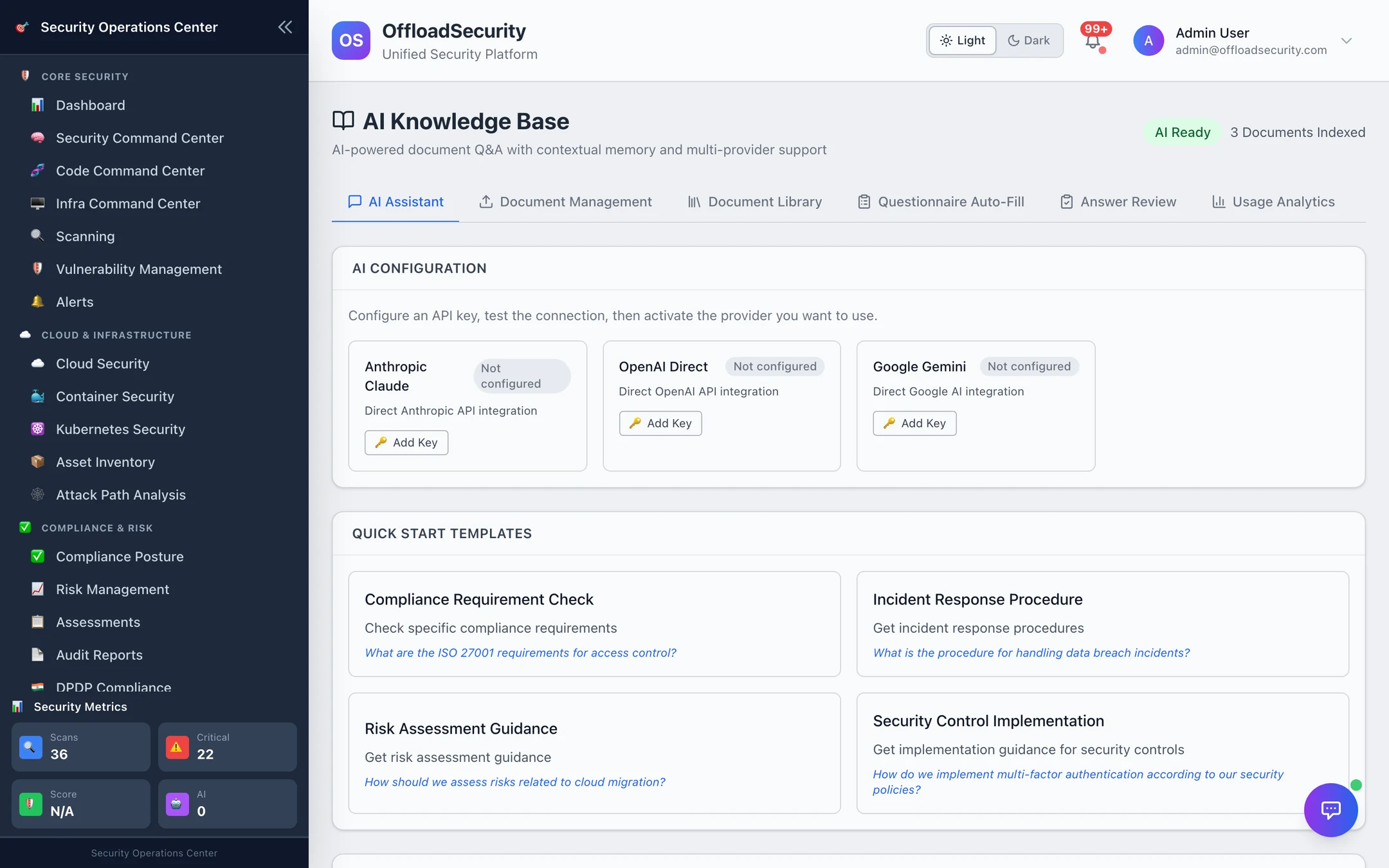 AI Assistant: AI Configuration cards (Anthropic Claude, OpenAI Direct, Google Gemini — Add Key); quick-start templates for compliance, incident response, risk and control questions