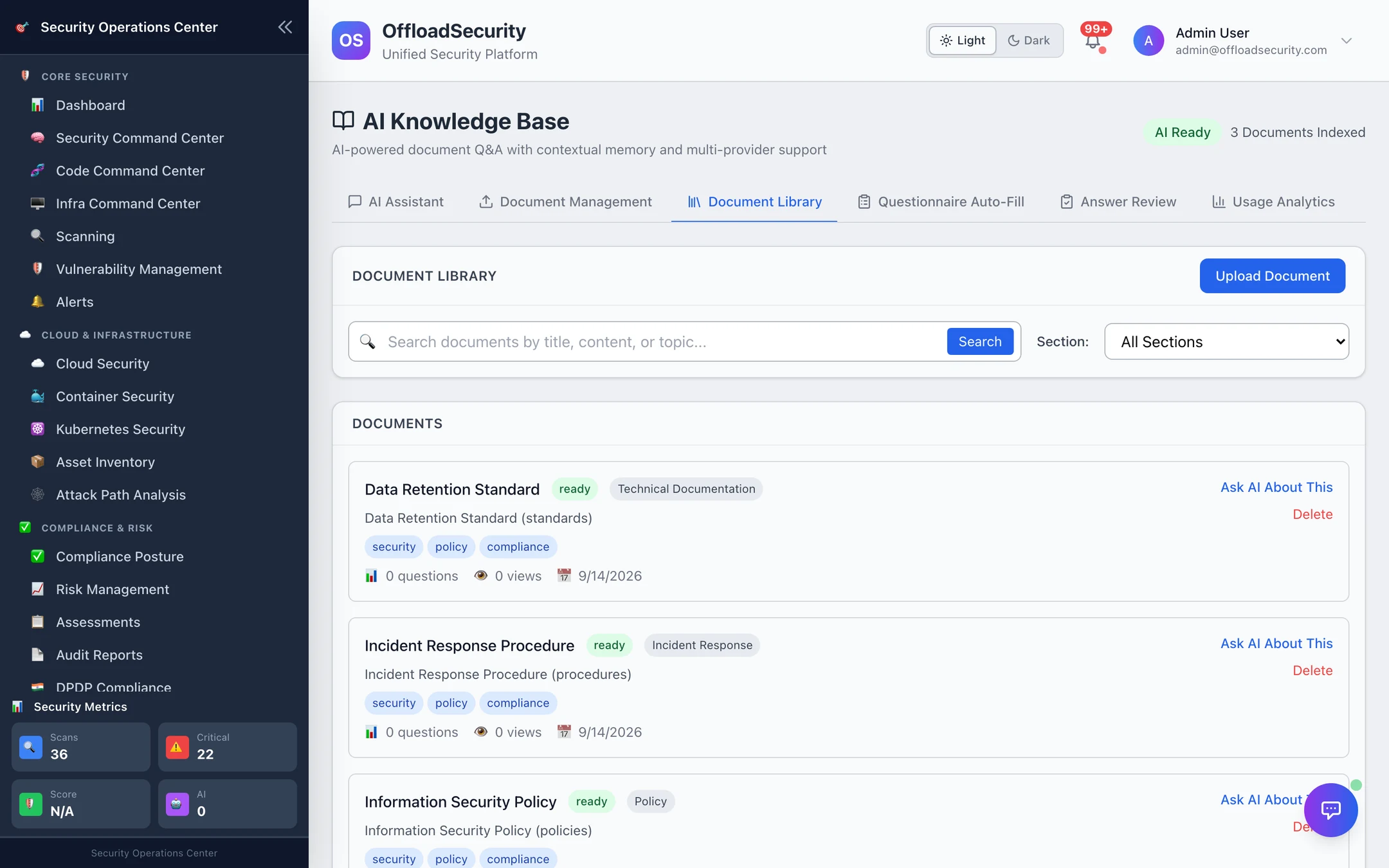 Document Library: search, section filter, document cards with type, status, tags, questions asked and views; Ask AI About This