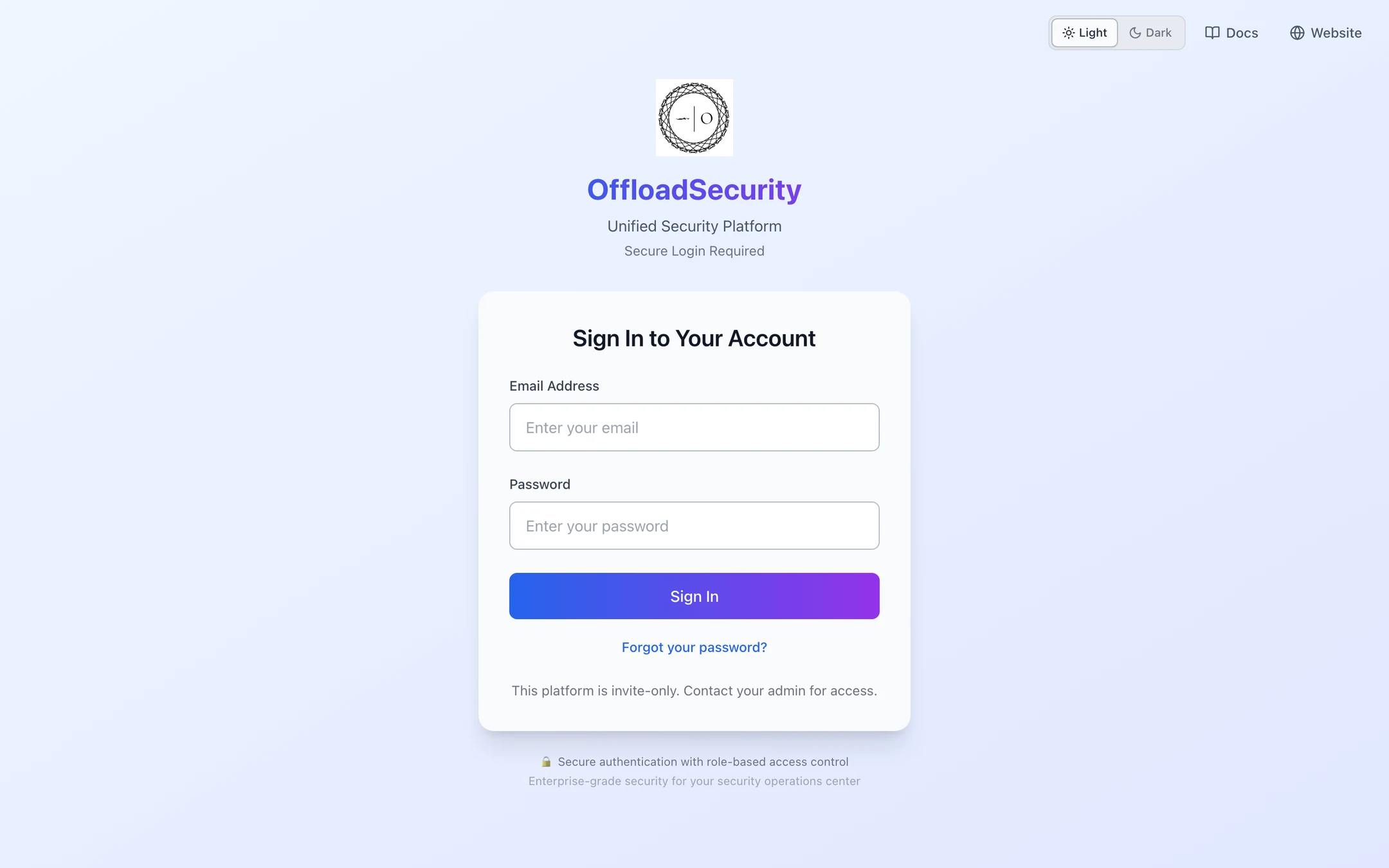 Sign In: email, password, Sign In, Forgot your password?; "This platform is invite-only"