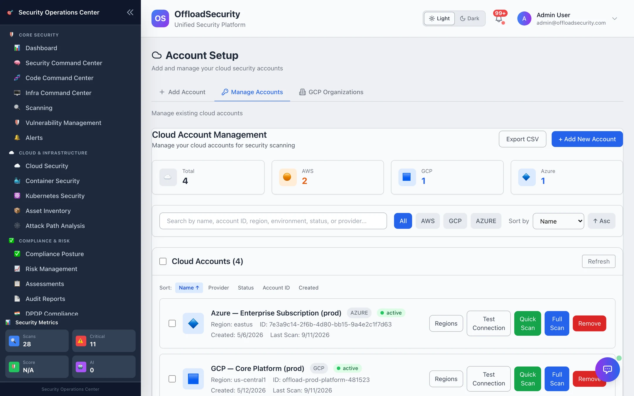 Account Setup → Manage Accounts: provider totals, search and provider filter, and a row per account with Regions, Test Connection, Quick Scan, Full Scan and Remove