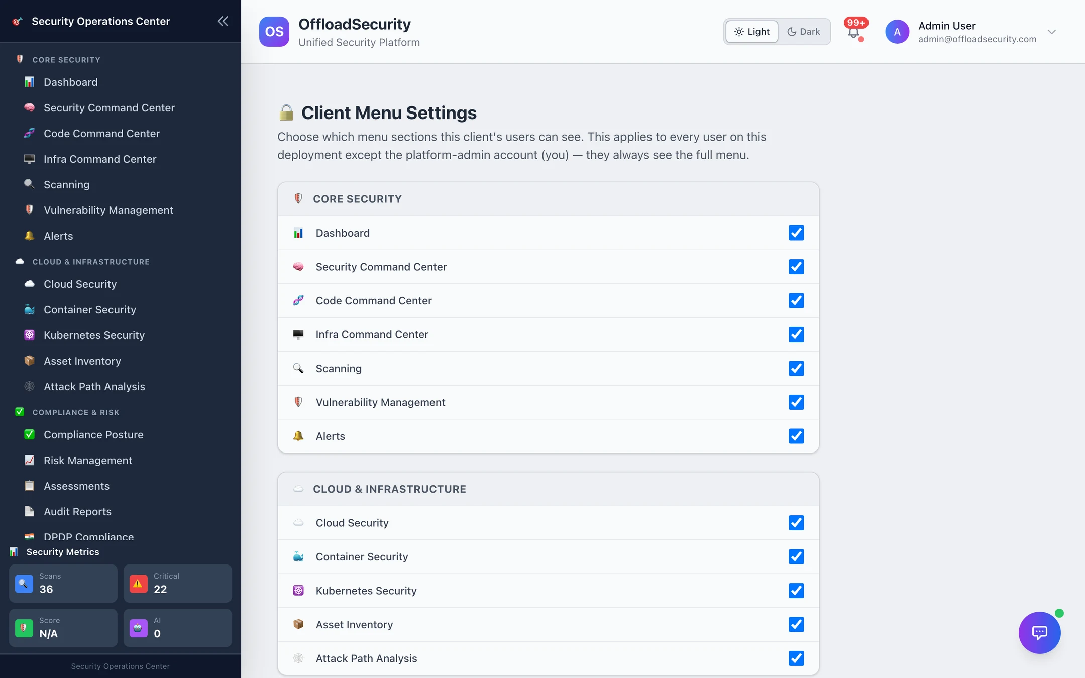 Client Menu Settings: per-section checkboxes grouped by Core Security, Cloud &amp; Infrastructure, …; applies to every user except the platform administrator
