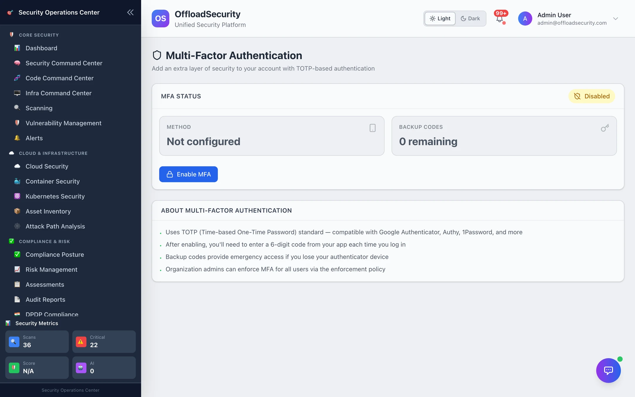 Multi-Factor Authentication: status Disabled, method not configured, backup codes 0 remaining, Enable MFA; how it works