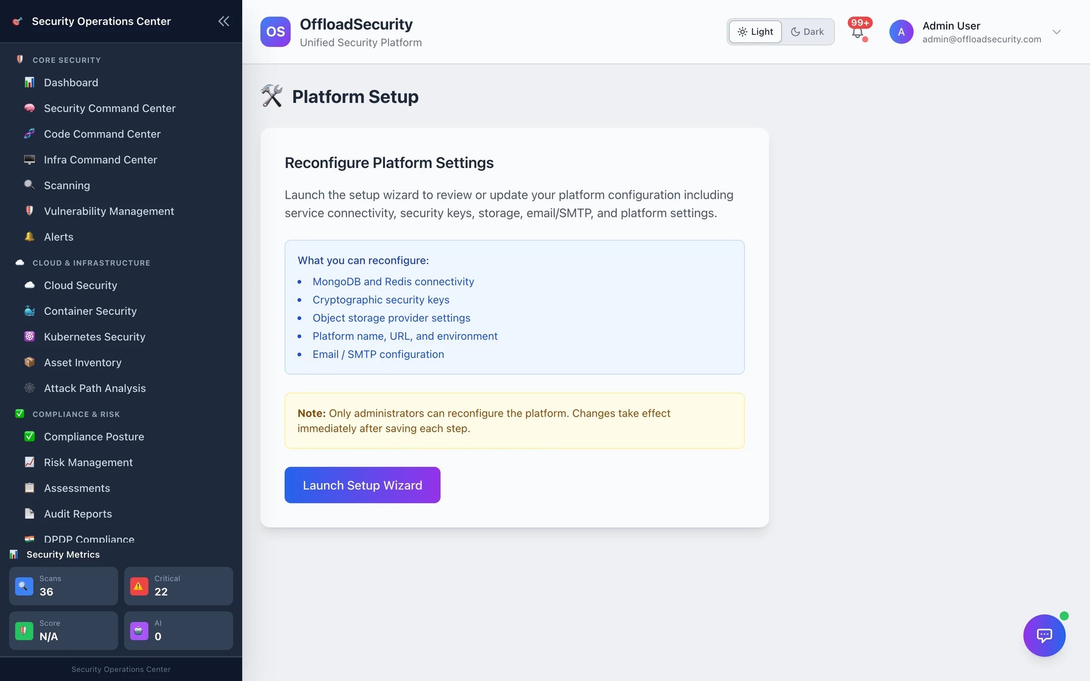 Platform Setup: Reconfigure Platform Settings — what you can reconfigure (MongoDB and Redis connectivity, cryptographic keys, object storage, platform name / URL / environment, email / SMTP); Launch Setup Wizard