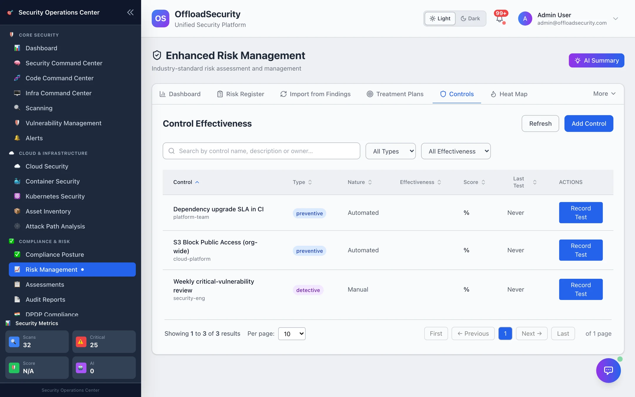 Control Effectiveness: three controls — Dependency upgrade SLA in CI (preventive, automated), S3 Block Public Access org-wide (preventive, automated), Weekly critical-vulnerability review (detective, manual) — with effectiveness, score, last test and Record Test