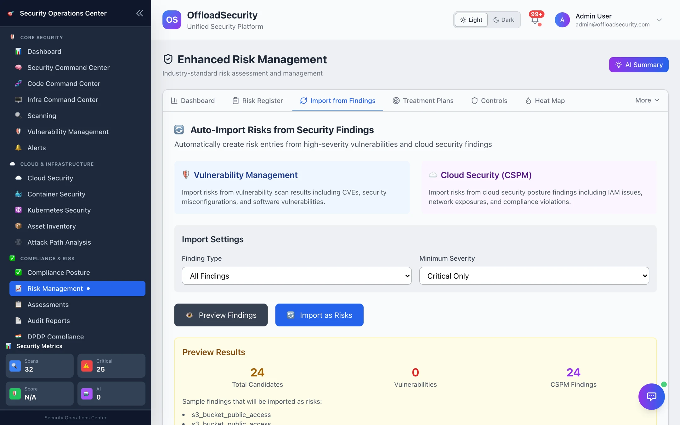 Import from Findings: source cards (Vulnerability Management, Cloud Security), finding type and minimum severity selectors, Preview Findings / Import as Risks, and a preview of 24 candidate findings