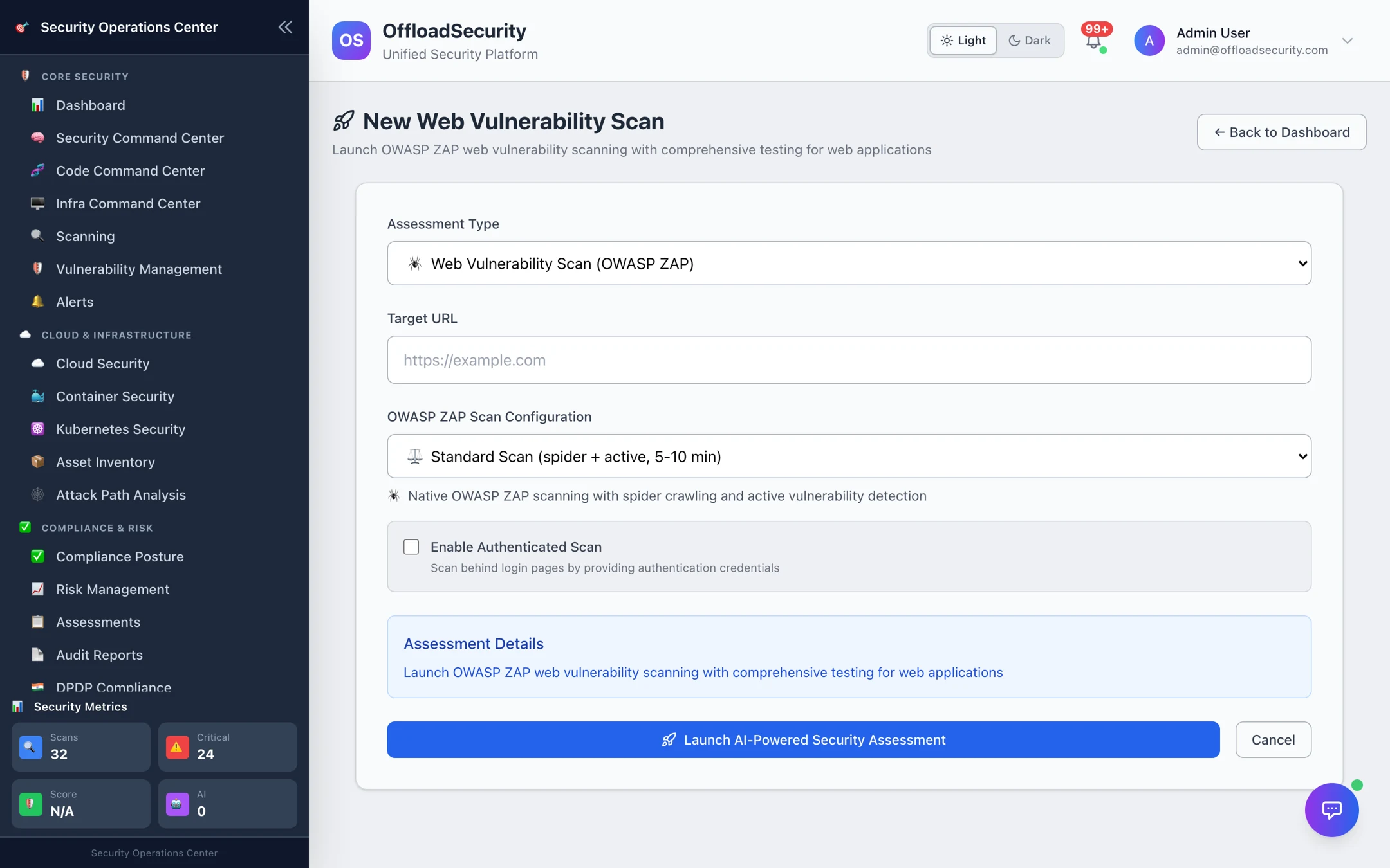 New Web Vulnerability Scan form: assessment type, target URL, OWASP ZAP configuration (Standard: spider + active, 5–10 min), authenticated-scan toggle and launch button
